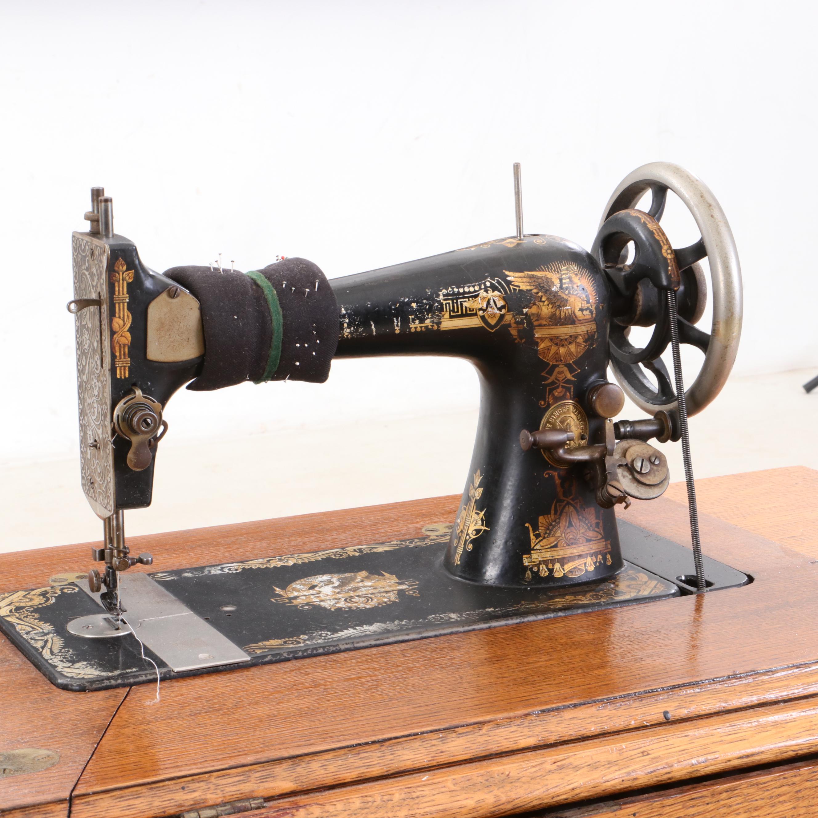 Oak Singer Sewing Machine and Sewing Accessories, Patented 1891