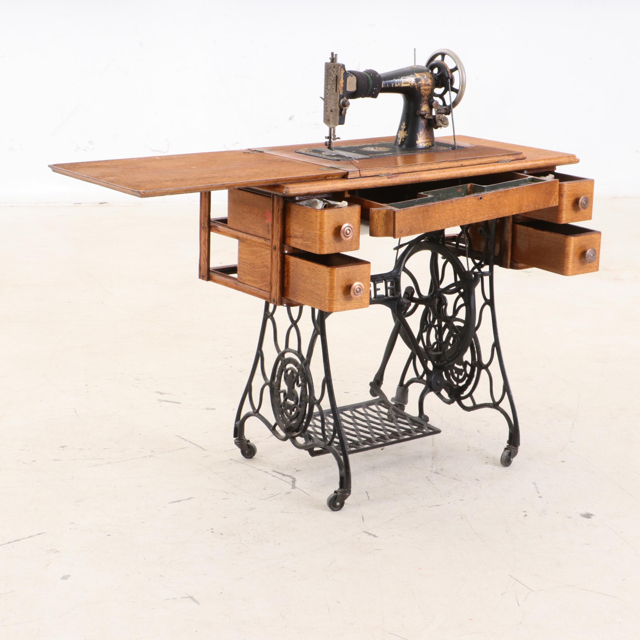 Oak Singer Sewing Machine and Sewing Accessories, Patented 1891