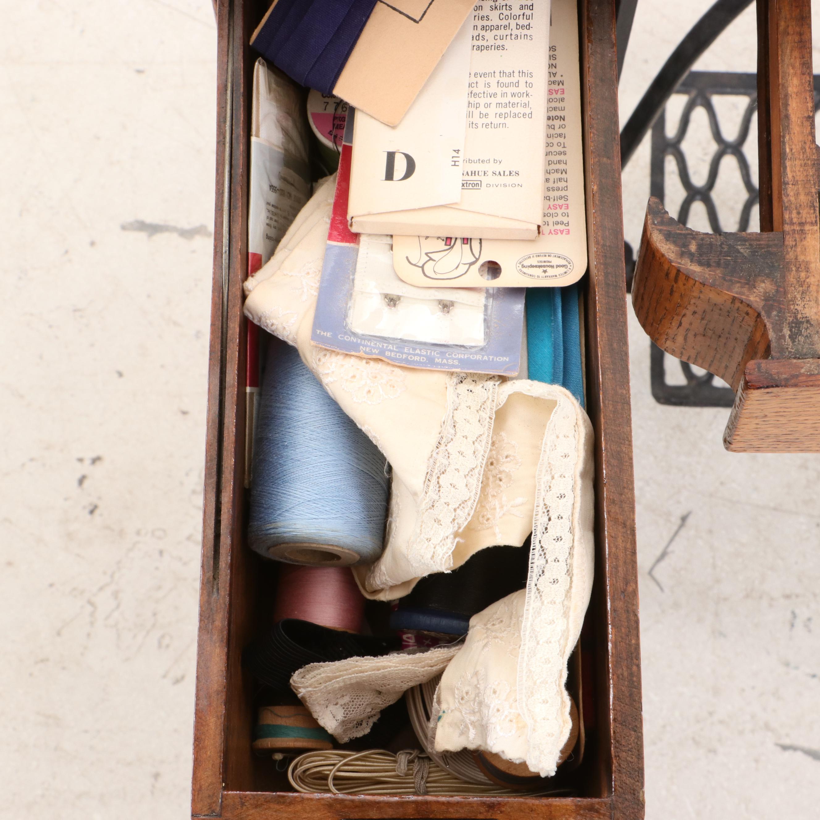 Oak Singer Sewing Machine and Sewing Accessories, Patented 1891