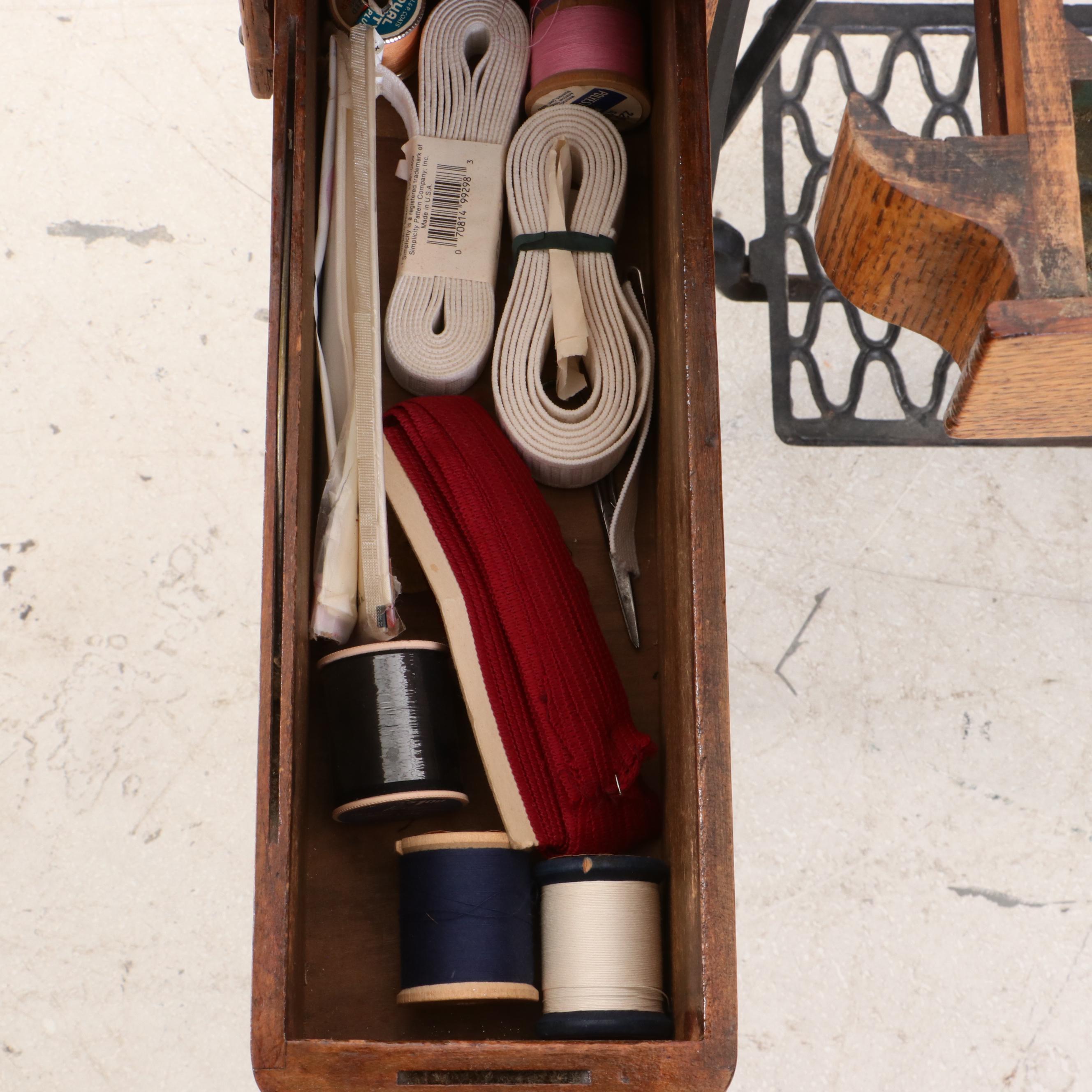 Oak Singer Sewing Machine and Sewing Accessories, Patented 1891