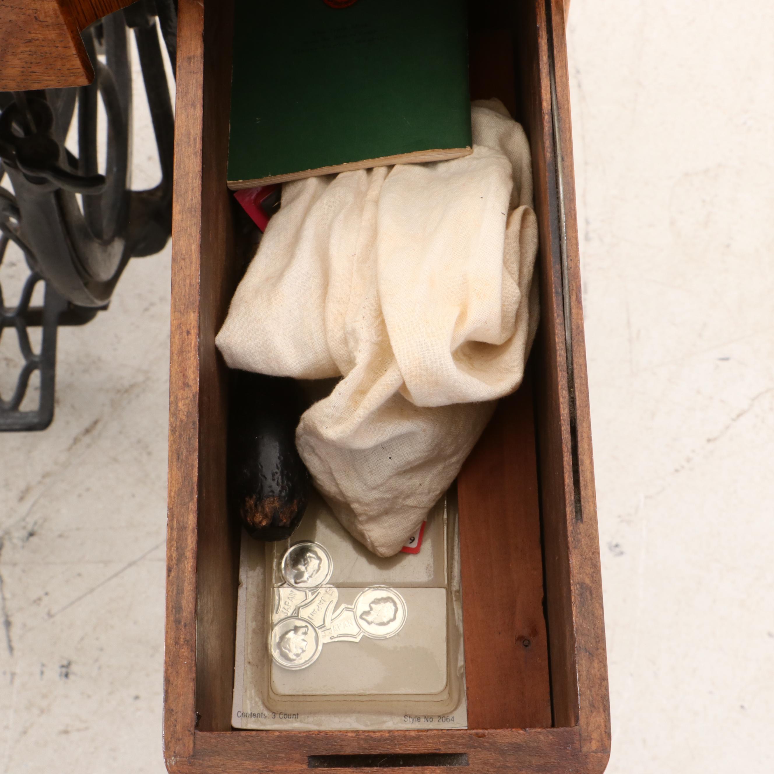 Oak Singer Sewing Machine and Sewing Accessories, Patented 1891