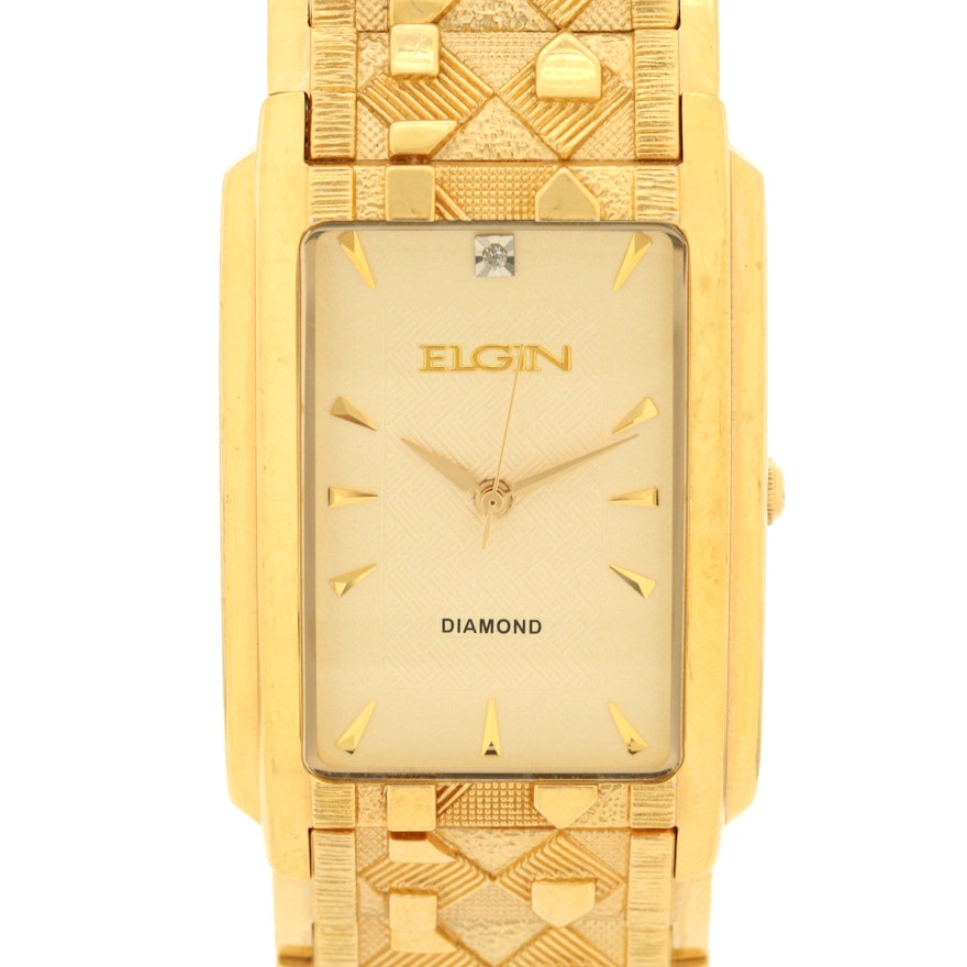 Elgin Diamond Dial Yellow Tone Quartz Wristwatch