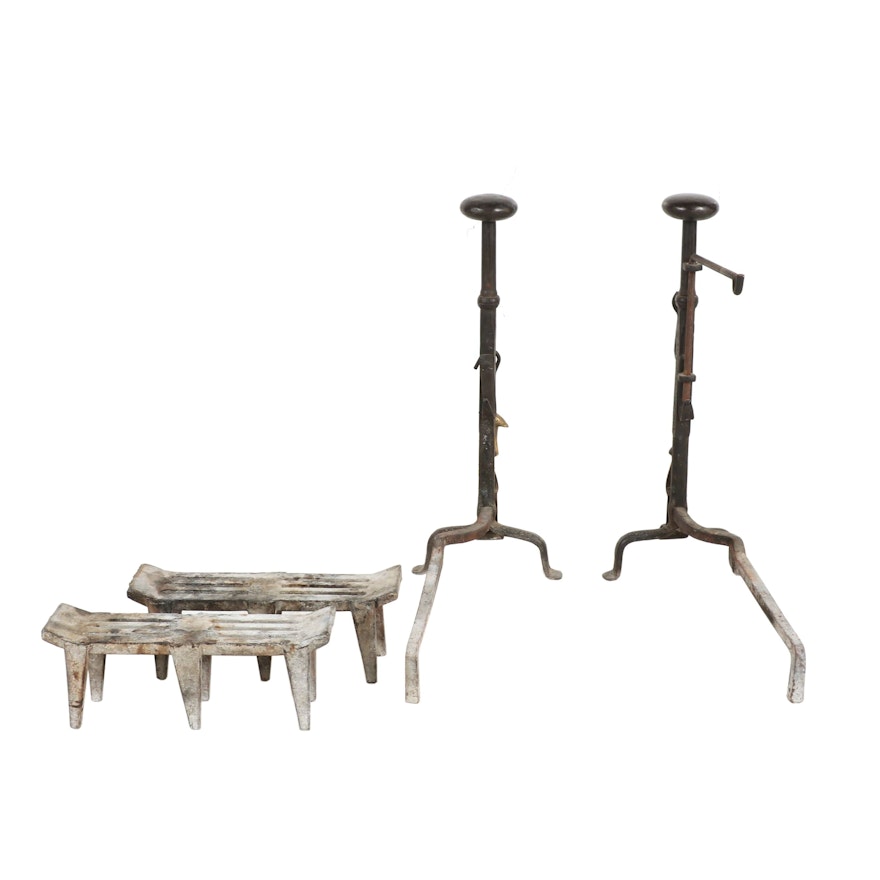 Forged Iron Andirons Featuring Pot Hook with Fireplace Log Grates