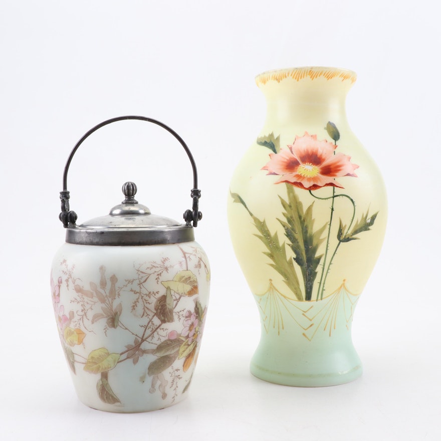 Mt. Washington Glass Biscuit Jar with Satin Glass Vase, Late 19th/Early 20th C