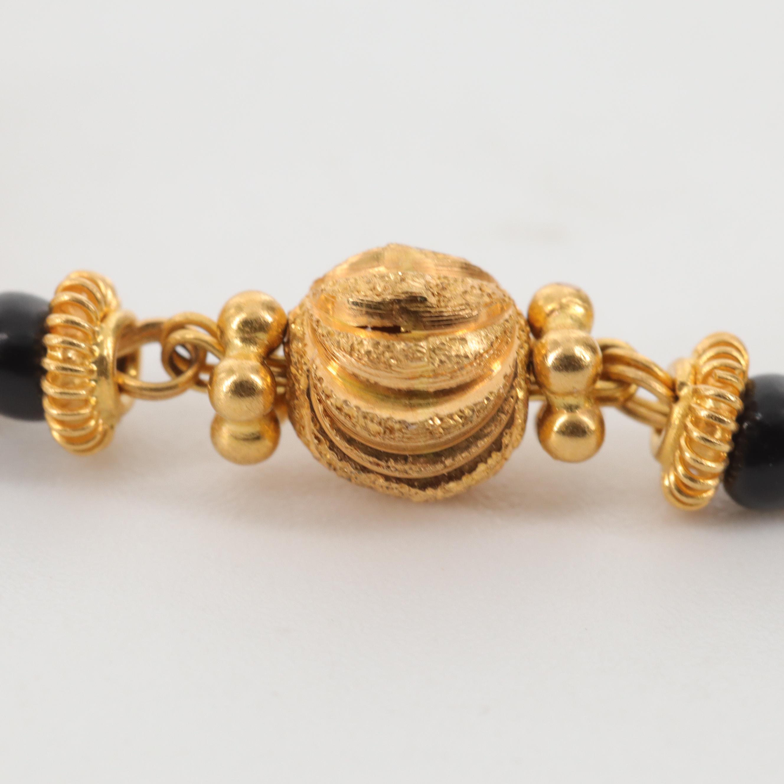 18K Yellow Gold Diamond Cut Bead and Black Coral Necklace