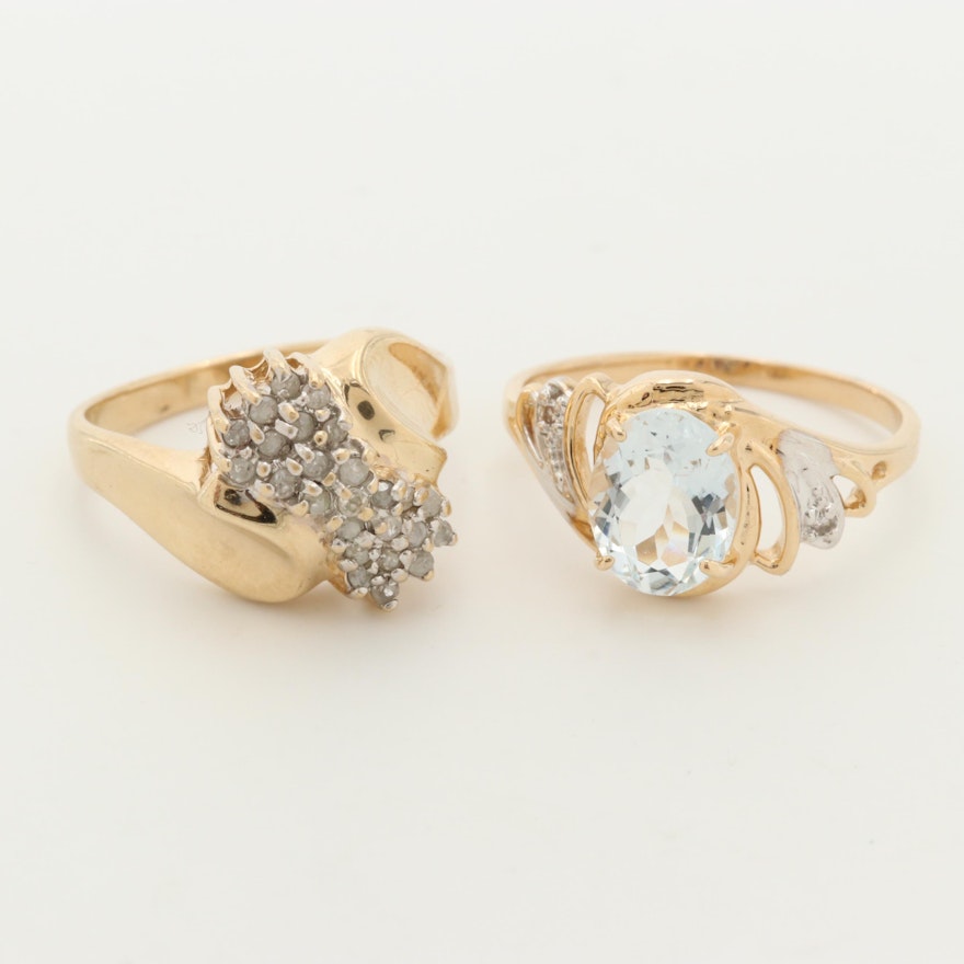 10K Yellow Gold Aquamarine and Diamond Rings