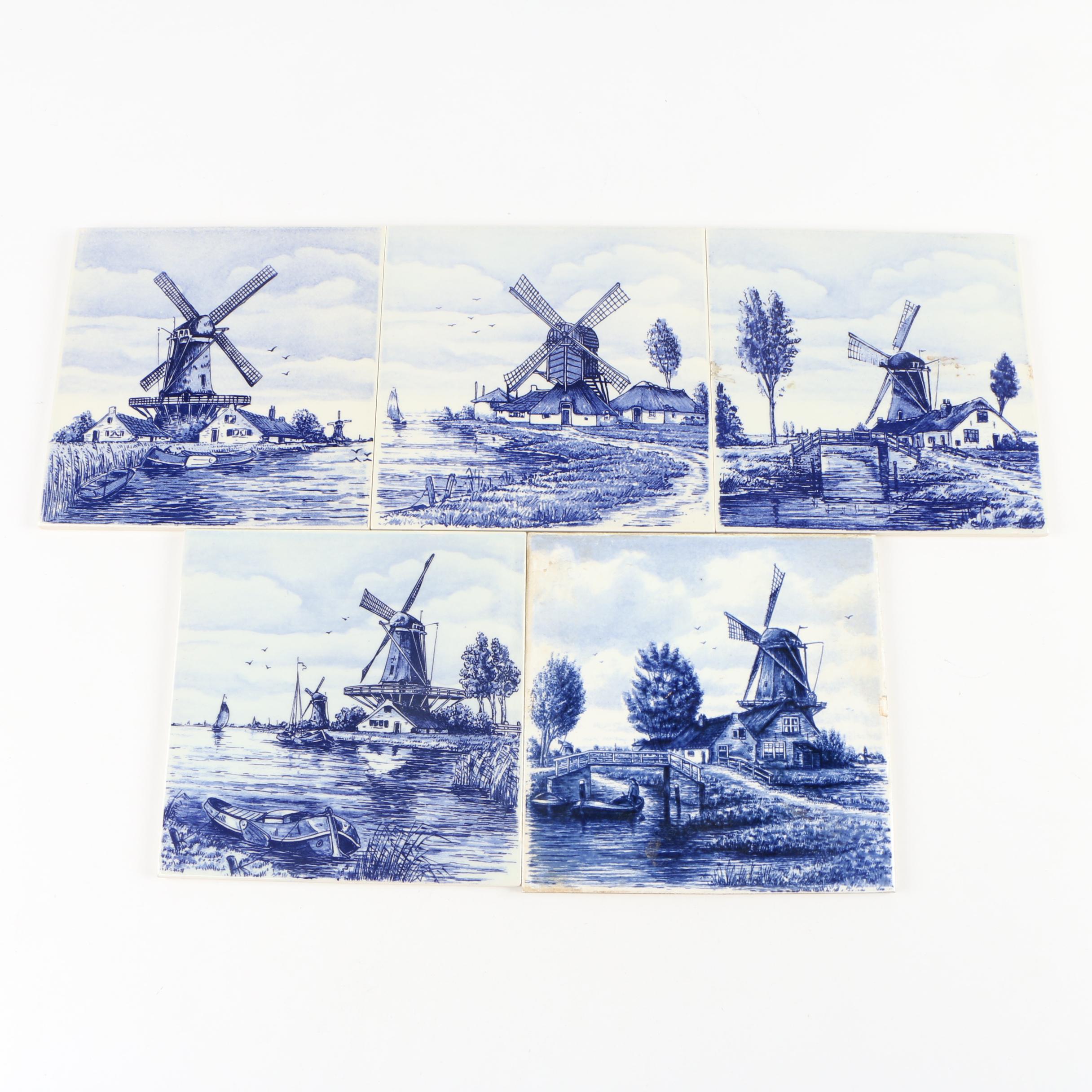 Dutch Hand-Painted Delft Blue Windmill Scenes Ceramic Wall Tiles