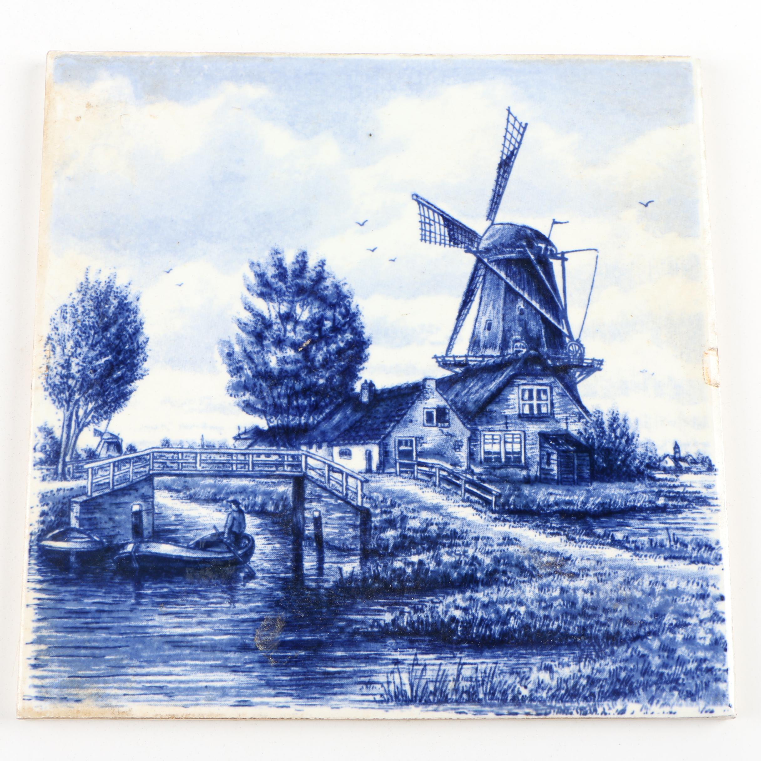 Dutch Hand-Painted Delft Blue Windmill Scenes Ceramic Wall Tiles