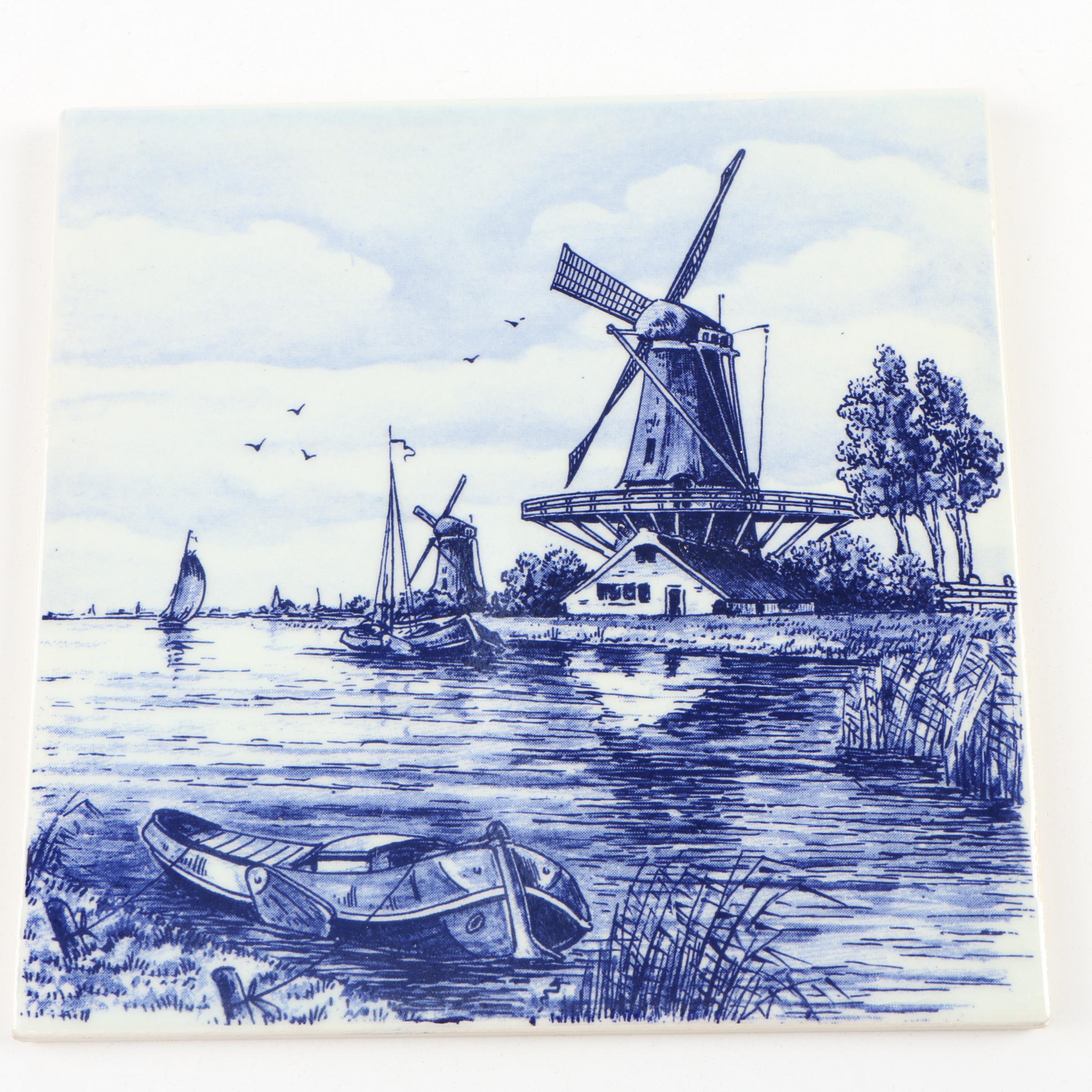 Dutch Hand-Painted Delft Blue Windmill Scenes Ceramic Wall Tiles