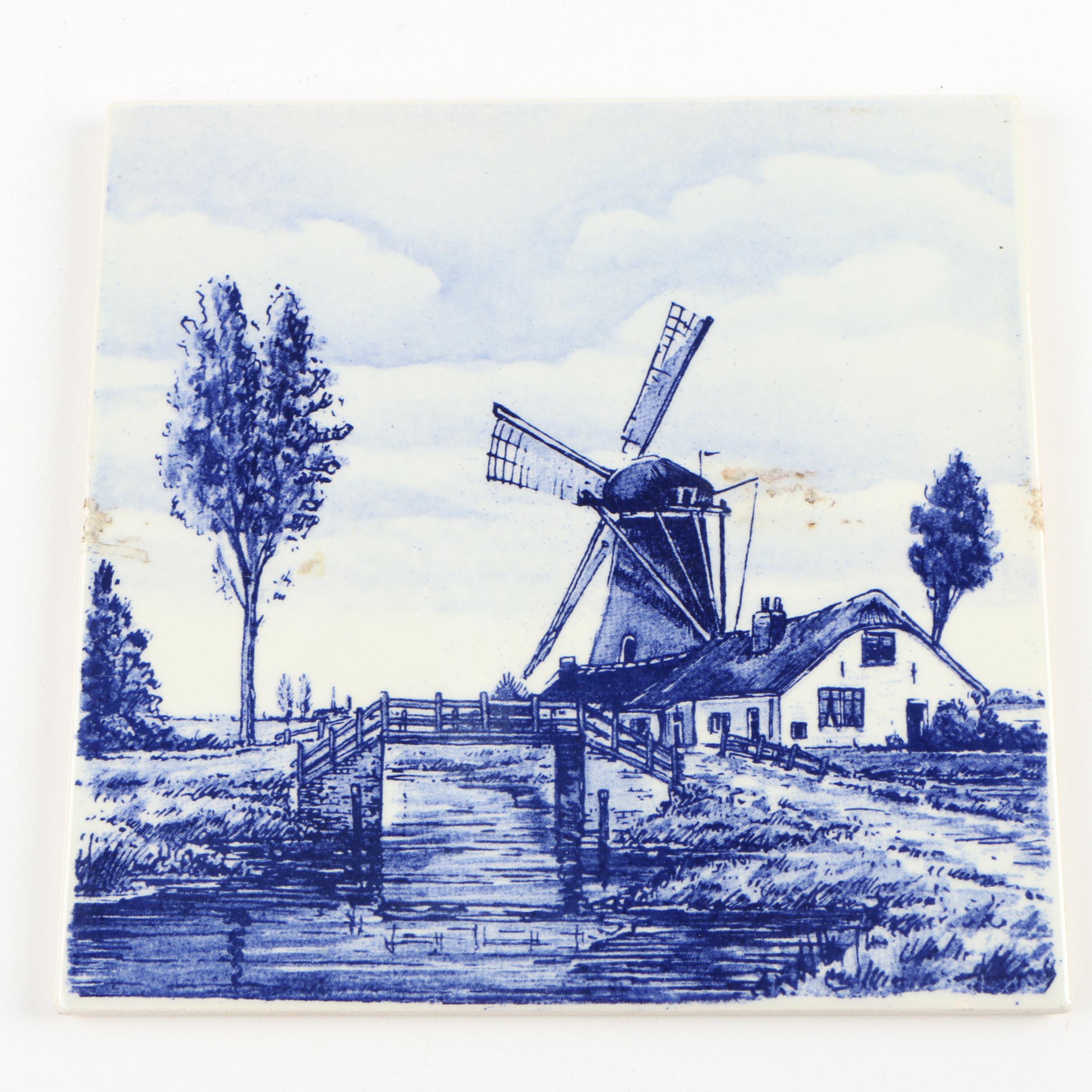Dutch Hand-Painted Delft Blue Windmill Scenes Ceramic Wall Tiles