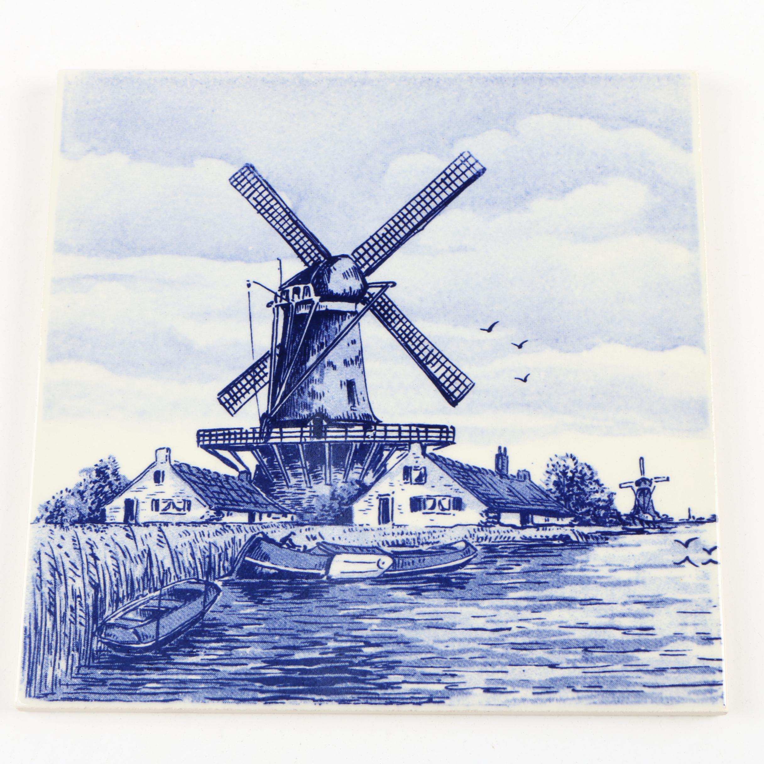 Dutch Hand-Painted Delft Blue Windmill Scenes Ceramic Wall Tiles