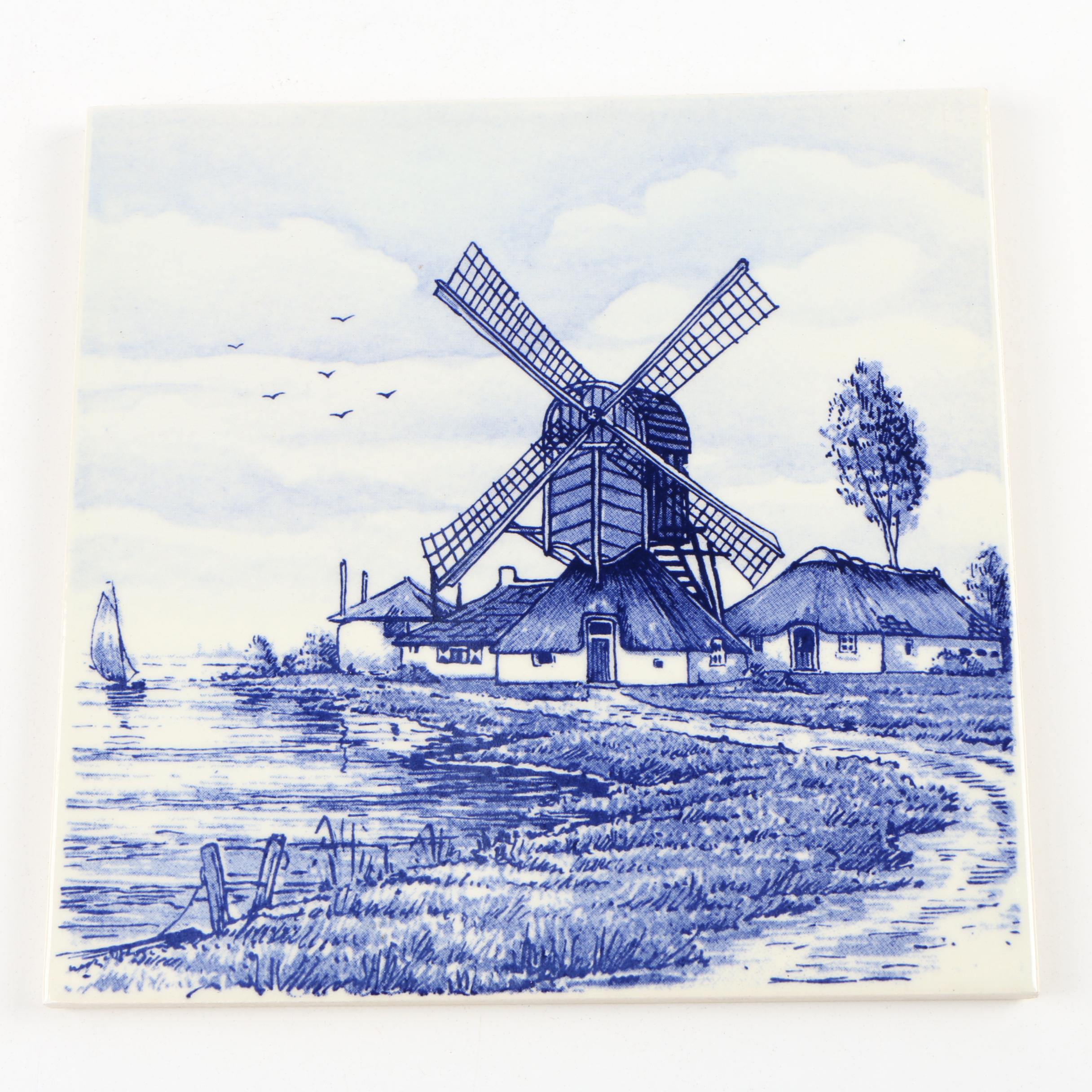 Dutch Hand-Painted Delft Blue Windmill Scenes Ceramic Wall Tiles