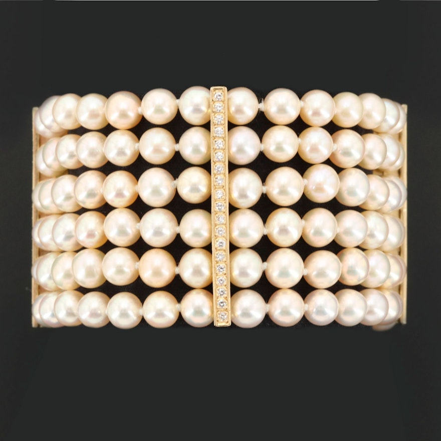 14K Yellow Gold Cultured Pearl and Diamond Multi-Strand Bracelet
