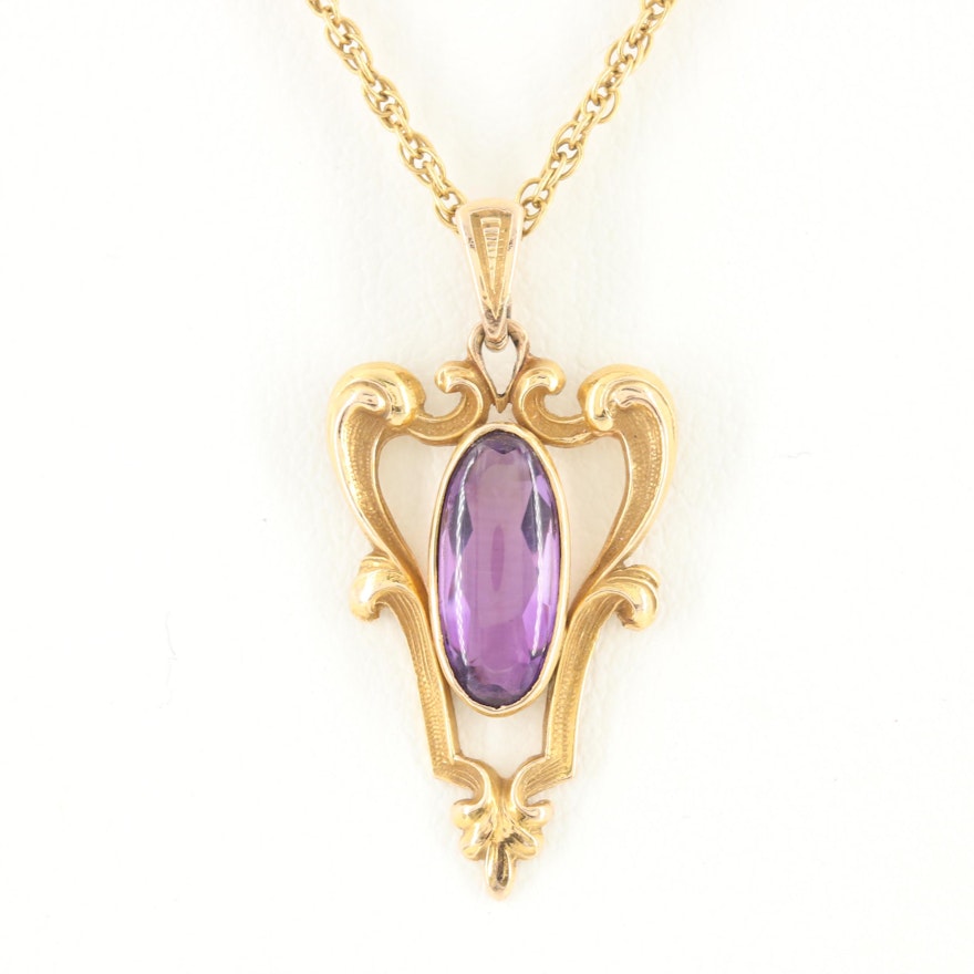 Vintage 14K Yellow Gold Amethyst Pendant Necklace