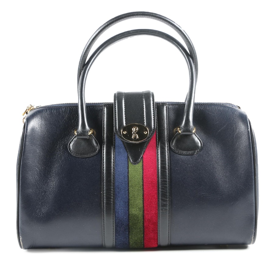 Roberta di Camerino Italy Navy Blue Leather Handbag with Velvet Stripe, Vintage