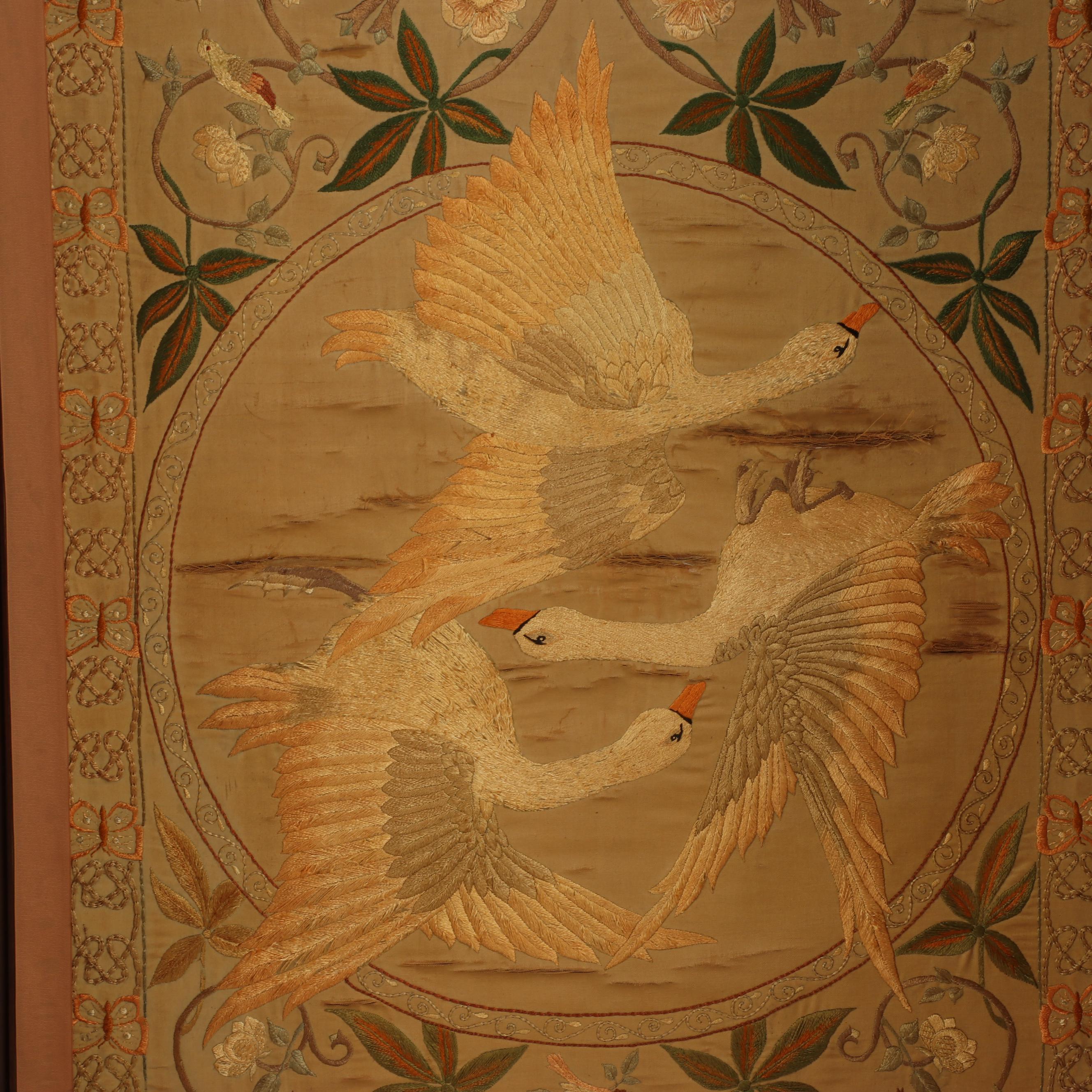 Chinese Embroidered Silk Three Panel Folding Screen