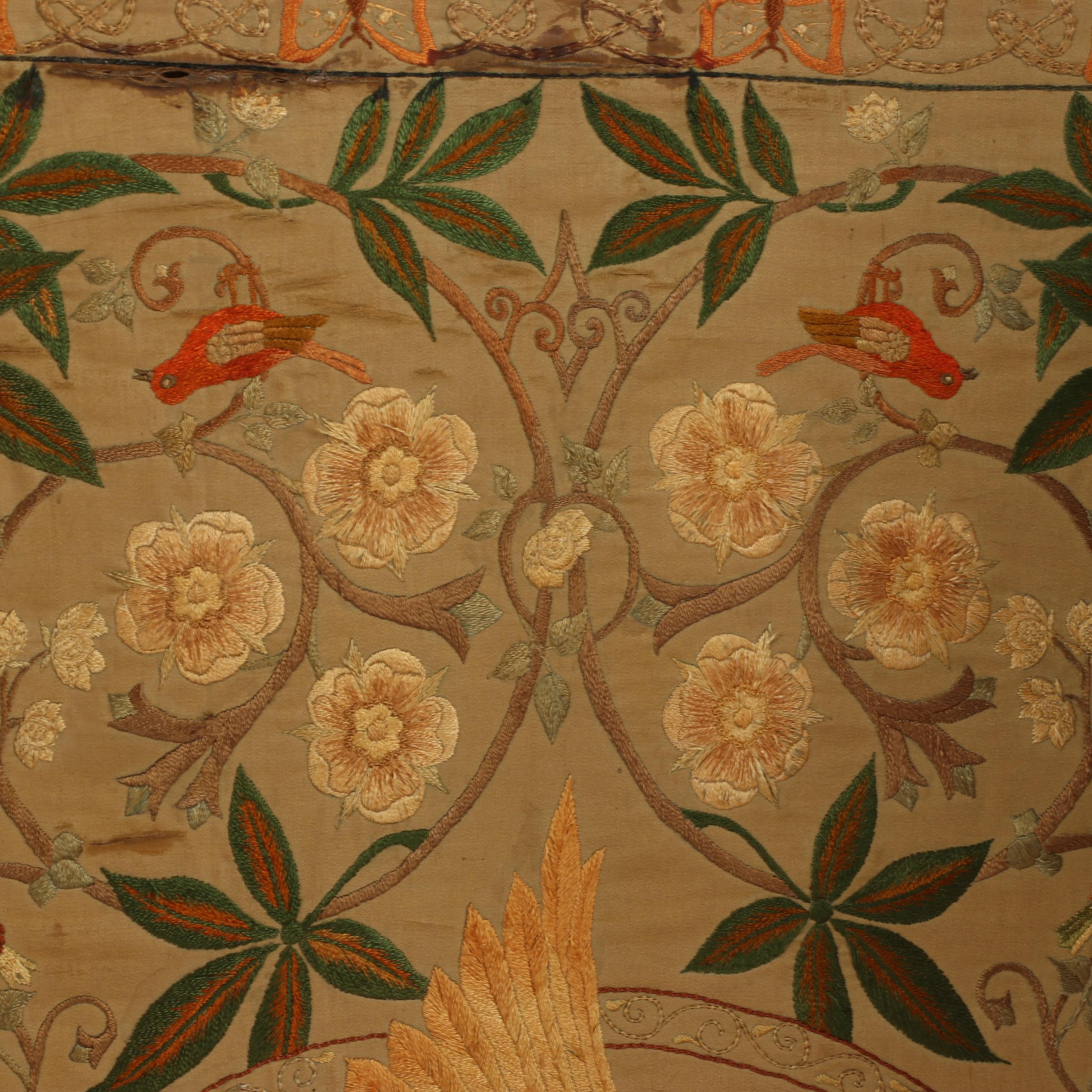 Chinese Embroidered Silk Three Panel Folding Screen