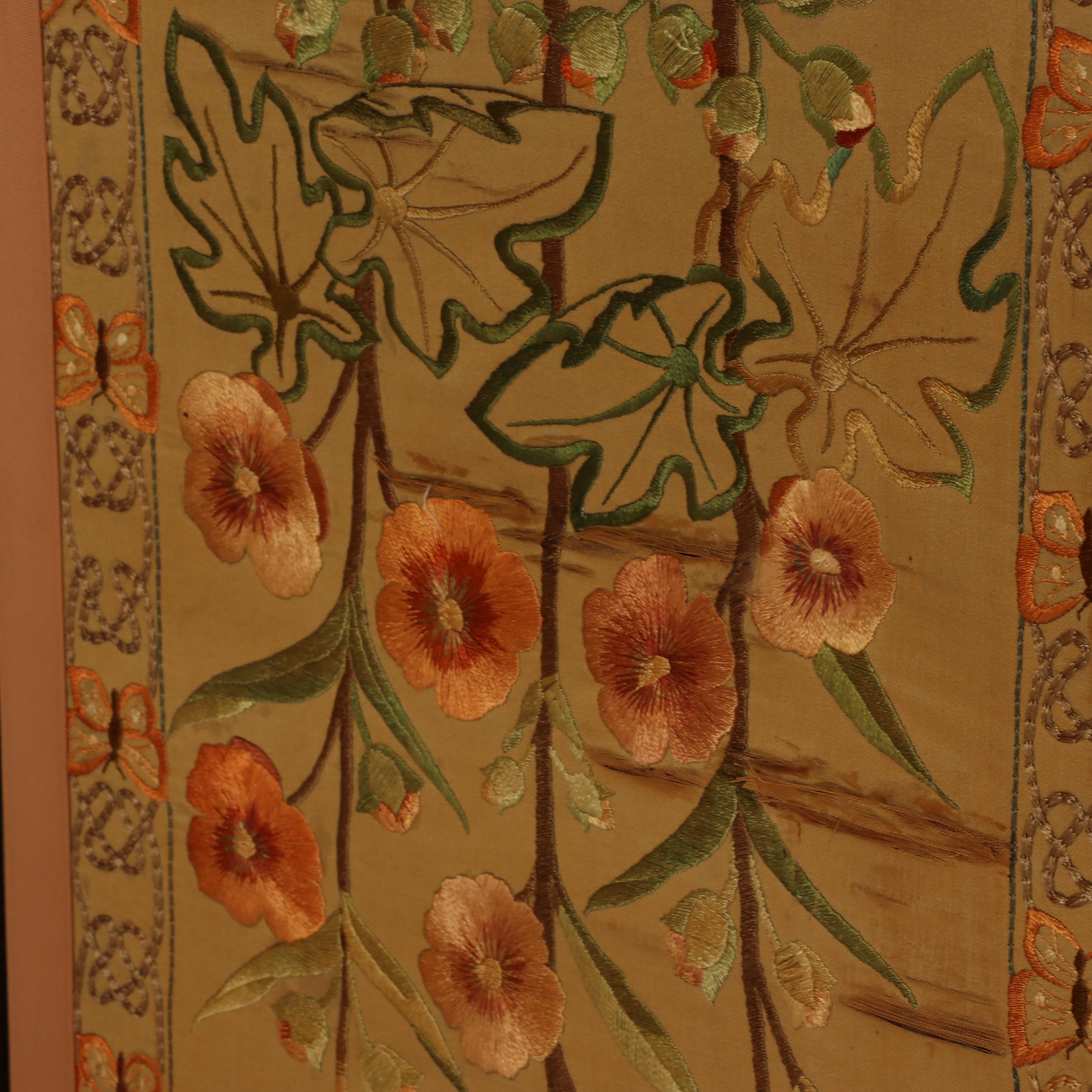 Chinese Embroidered Silk Three Panel Folding Screen