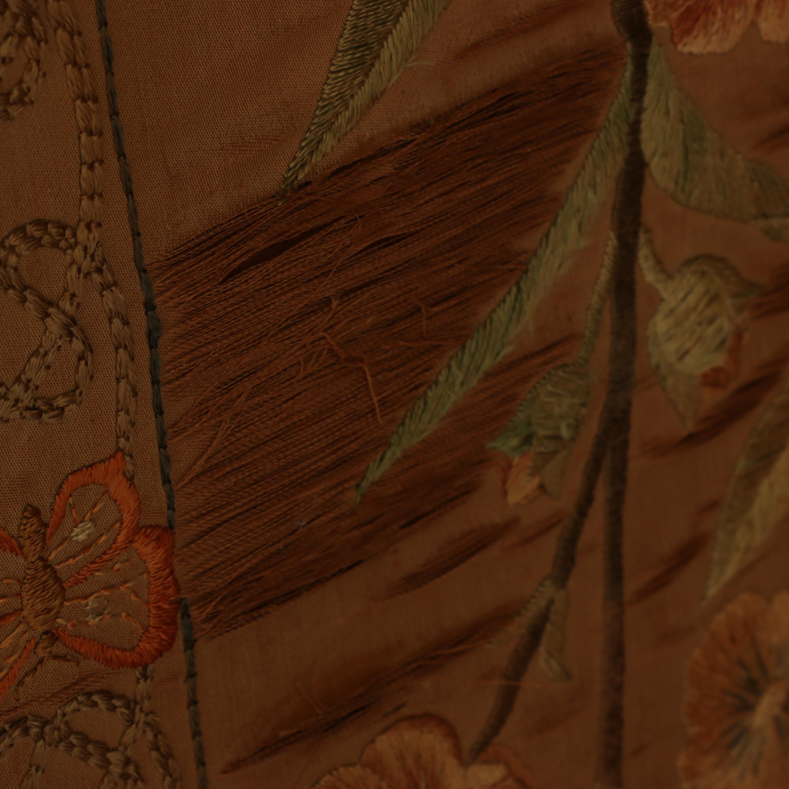 Chinese Embroidered Silk Three Panel Folding Screen