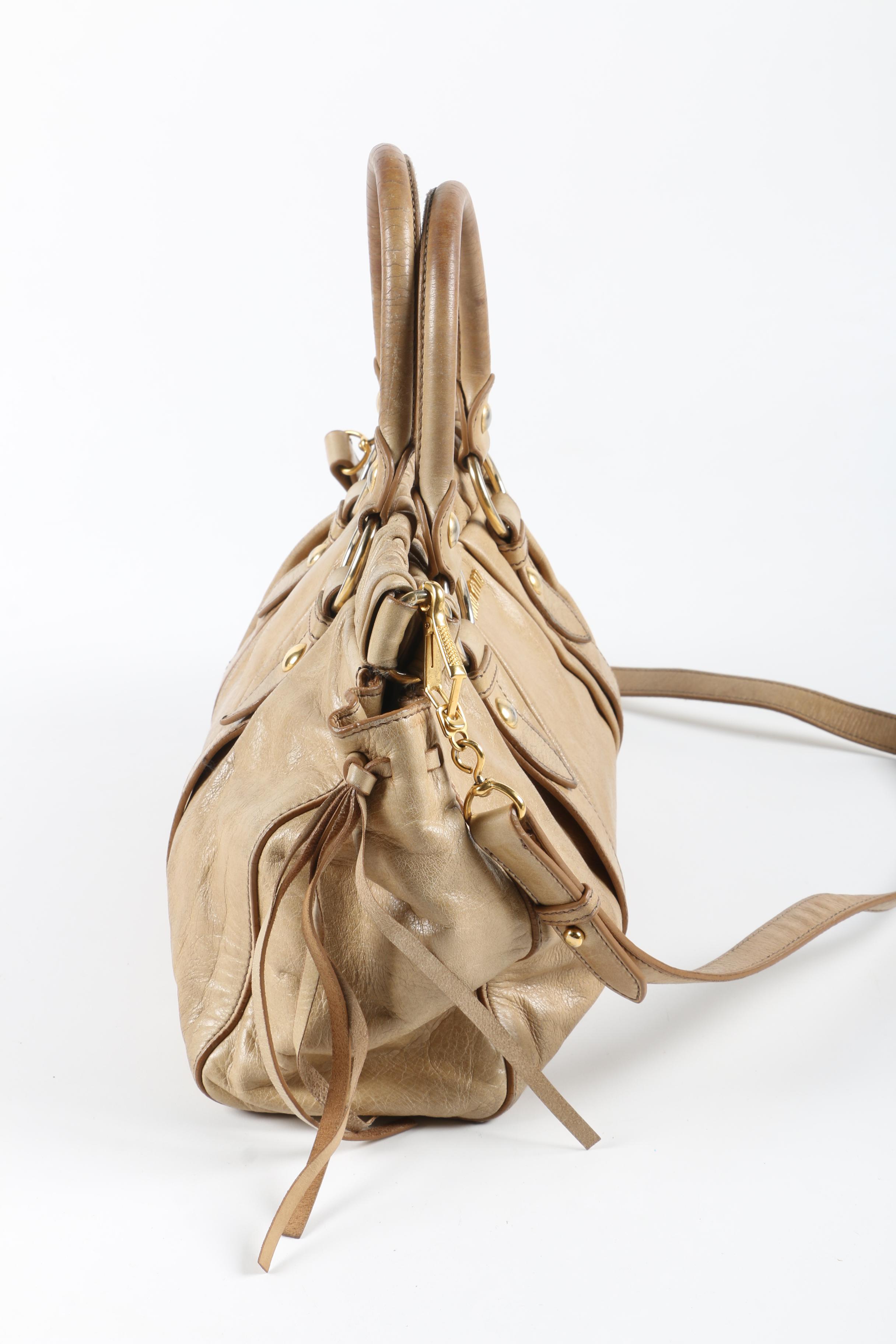 Miu Miu Two Way Bag in Distressed Beige Leather