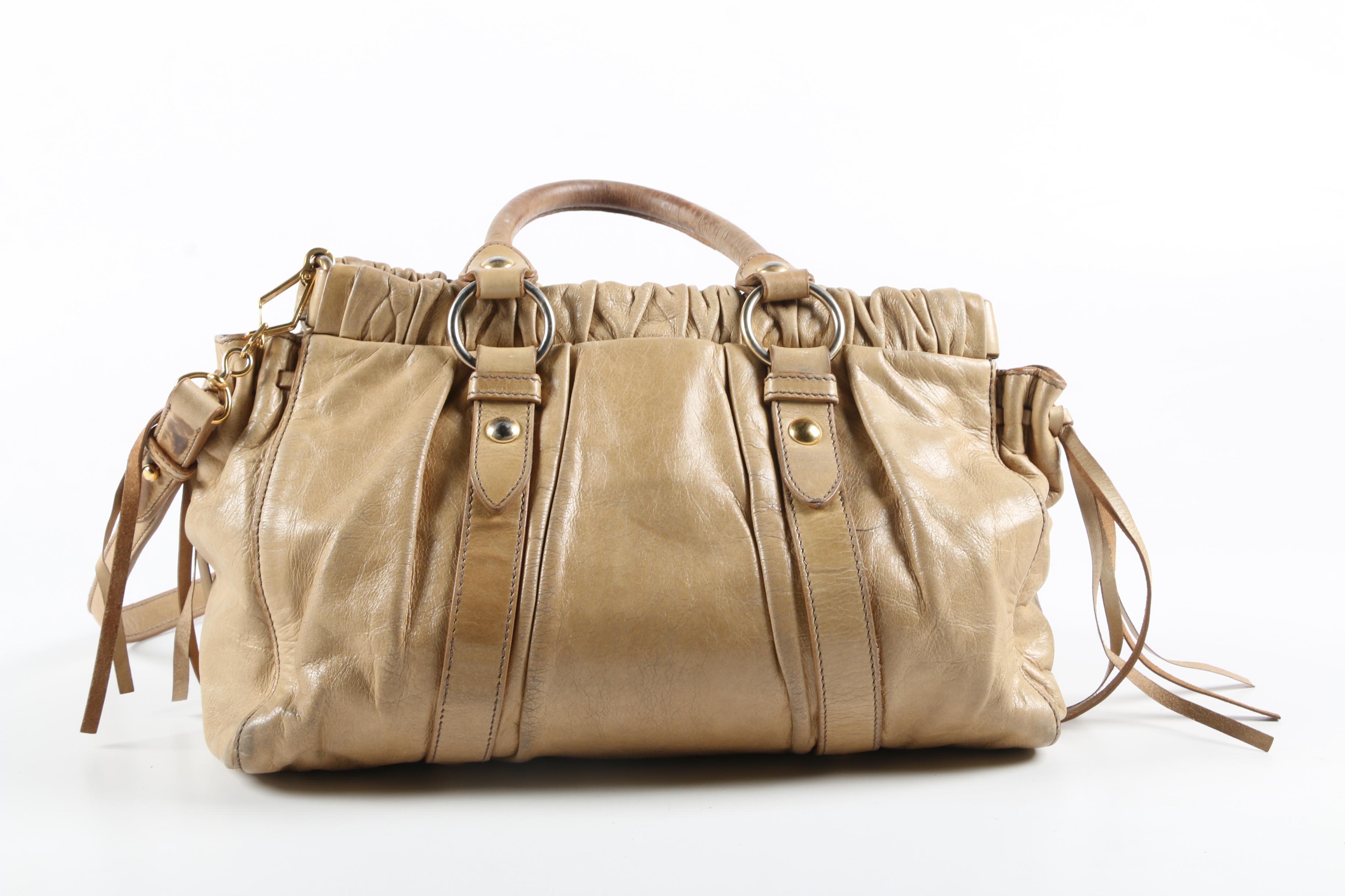 Miu Miu Two Way Bag in Distressed Beige Leather