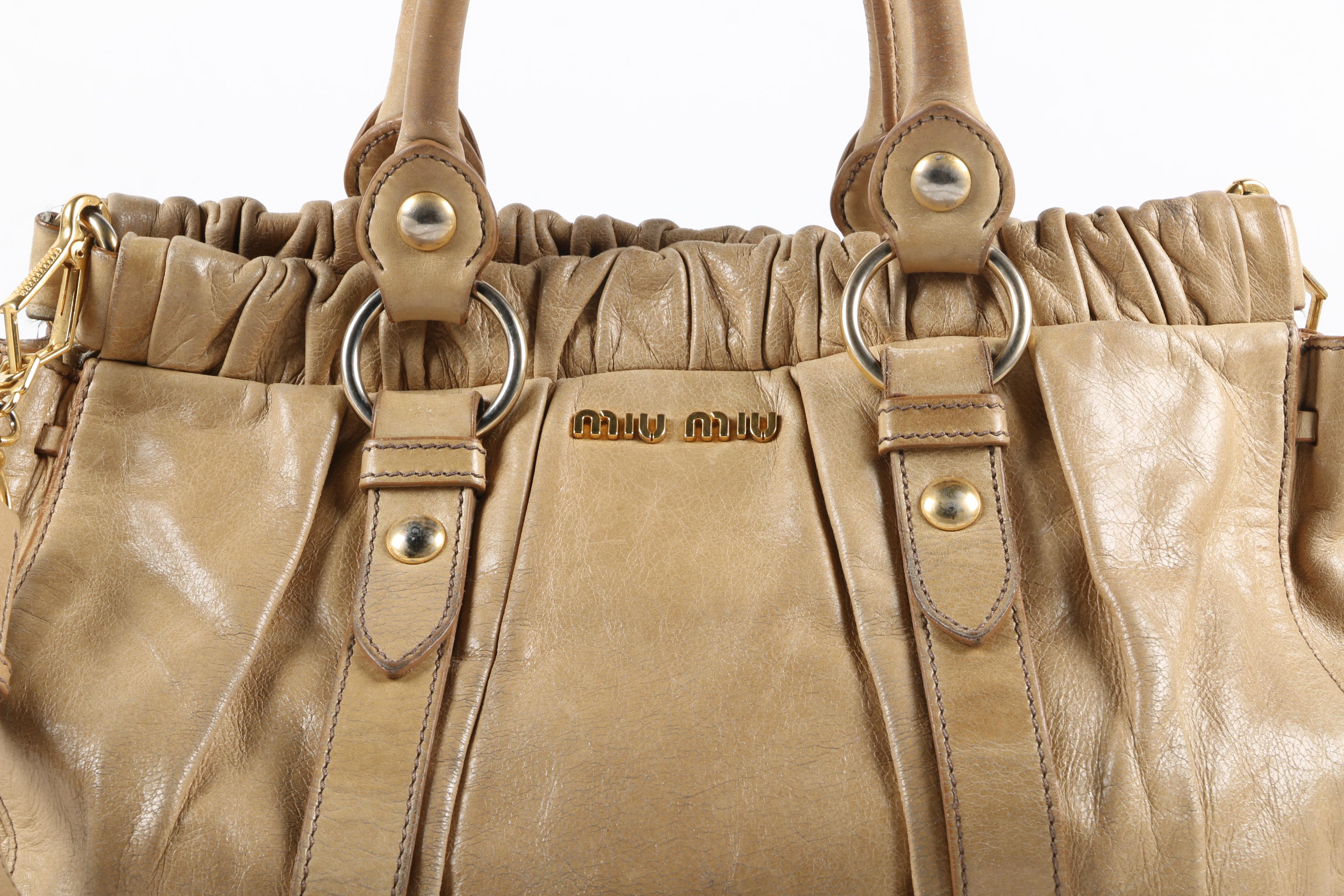 Miu Miu Two Way Bag in Distressed Beige Leather