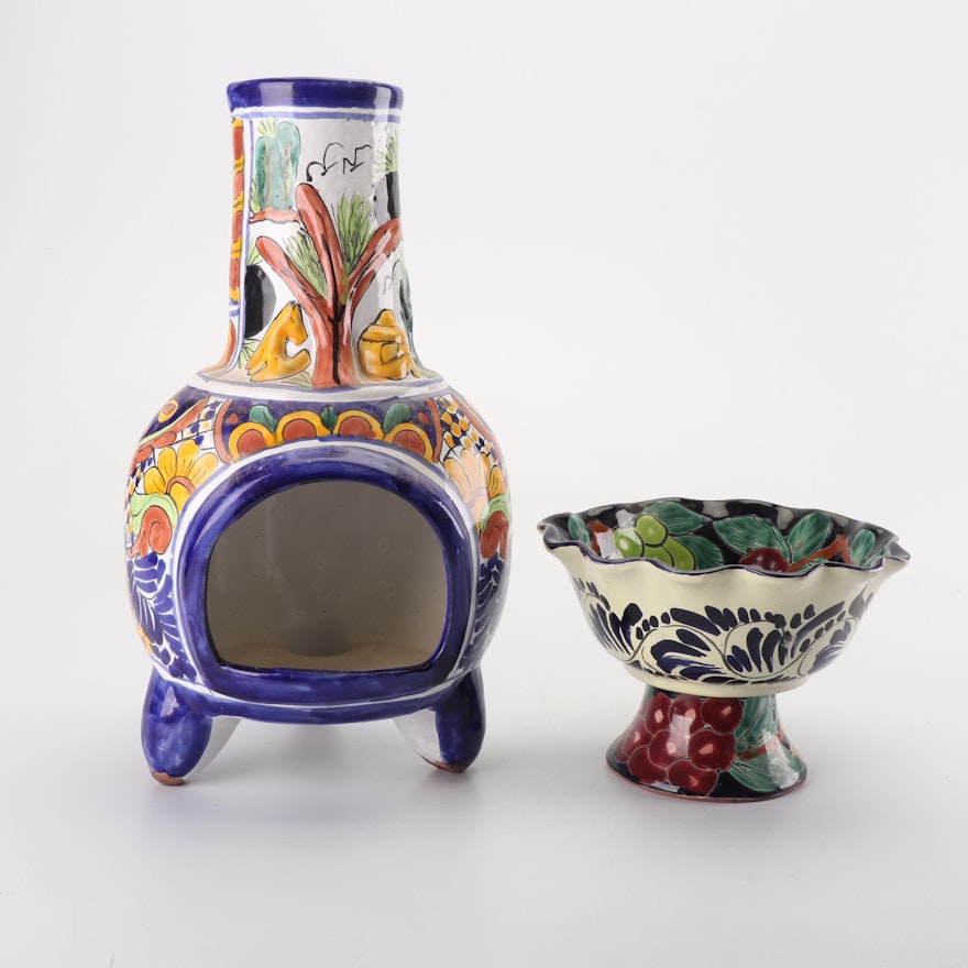 Hand-Painted Mexican Talavera Pottery Compote and Chiminea
