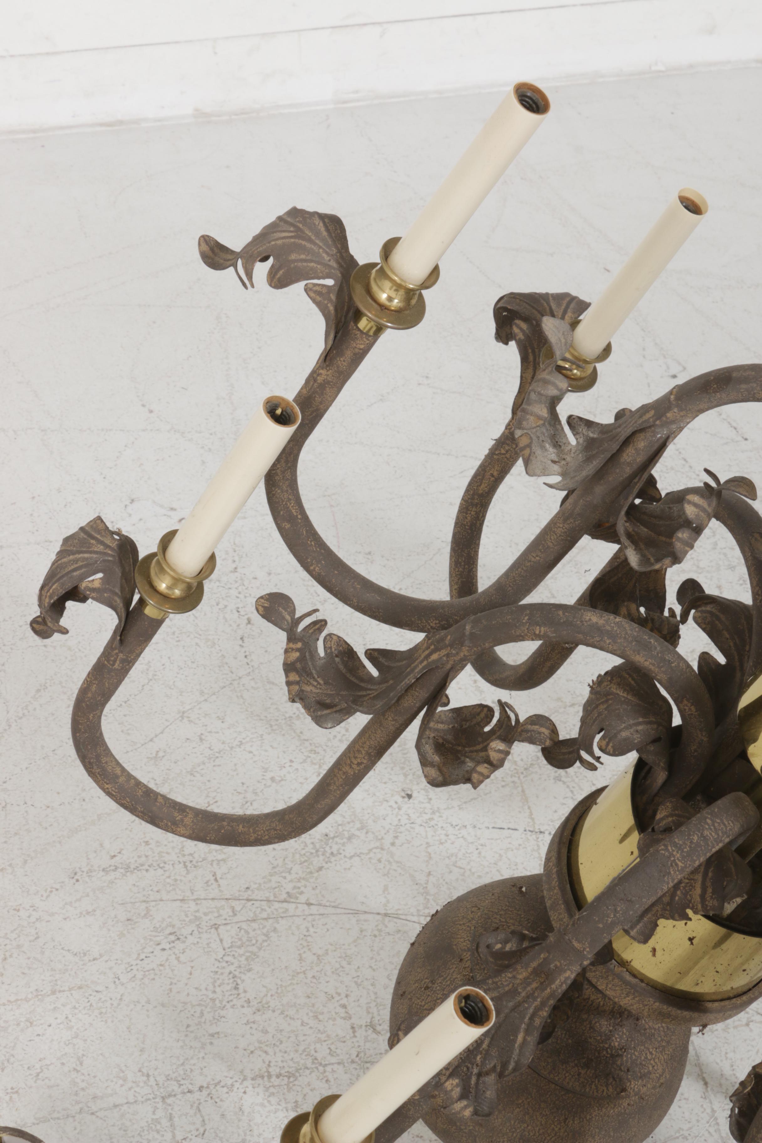 Antiqued Metal Nine-Arm Chandelier with Shades