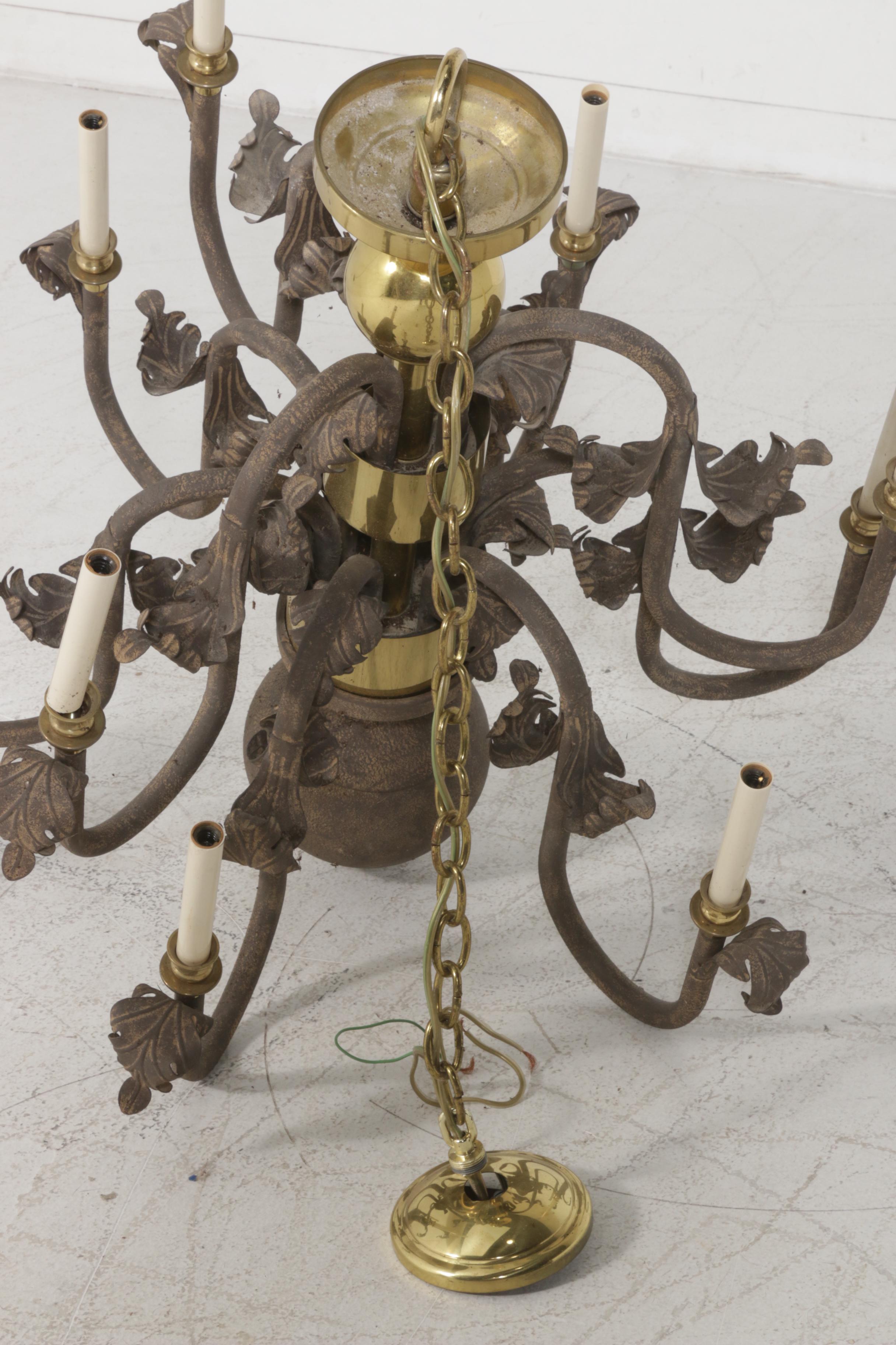 Antiqued Metal Nine-Arm Chandelier with Shades