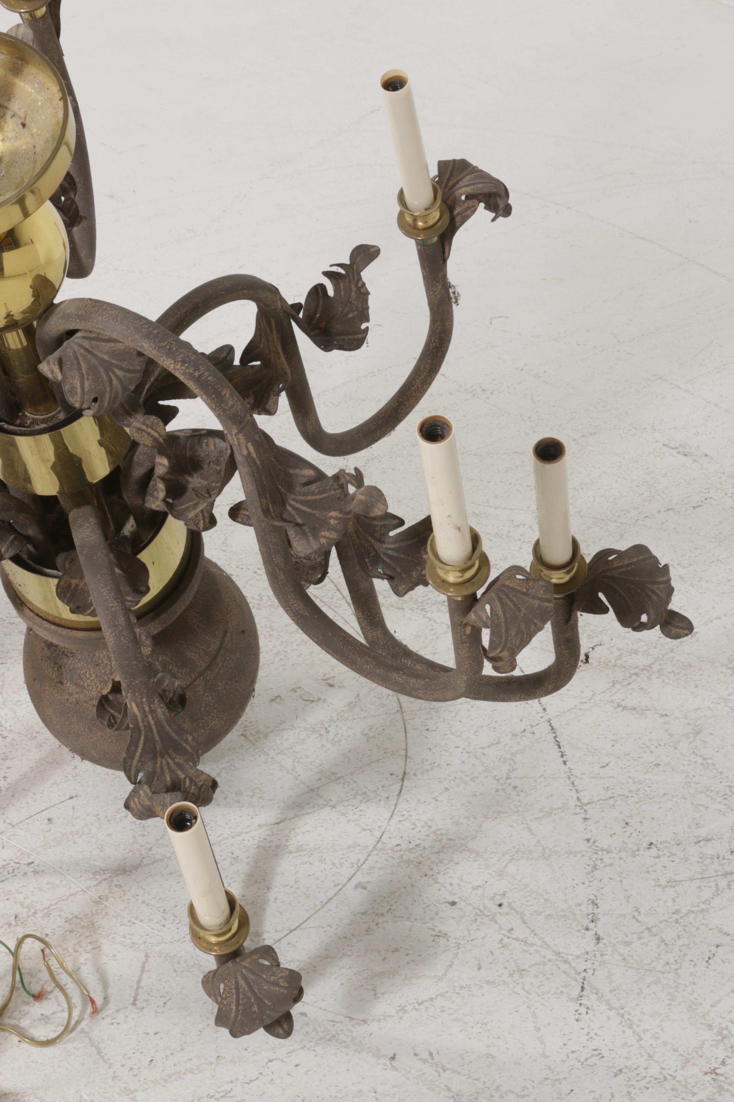 Antiqued Metal Nine-Arm Chandelier with Shades