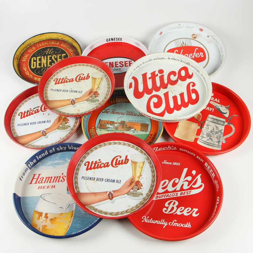 Enameled Tin Beer Serving Trays including Genesee and Utica Club