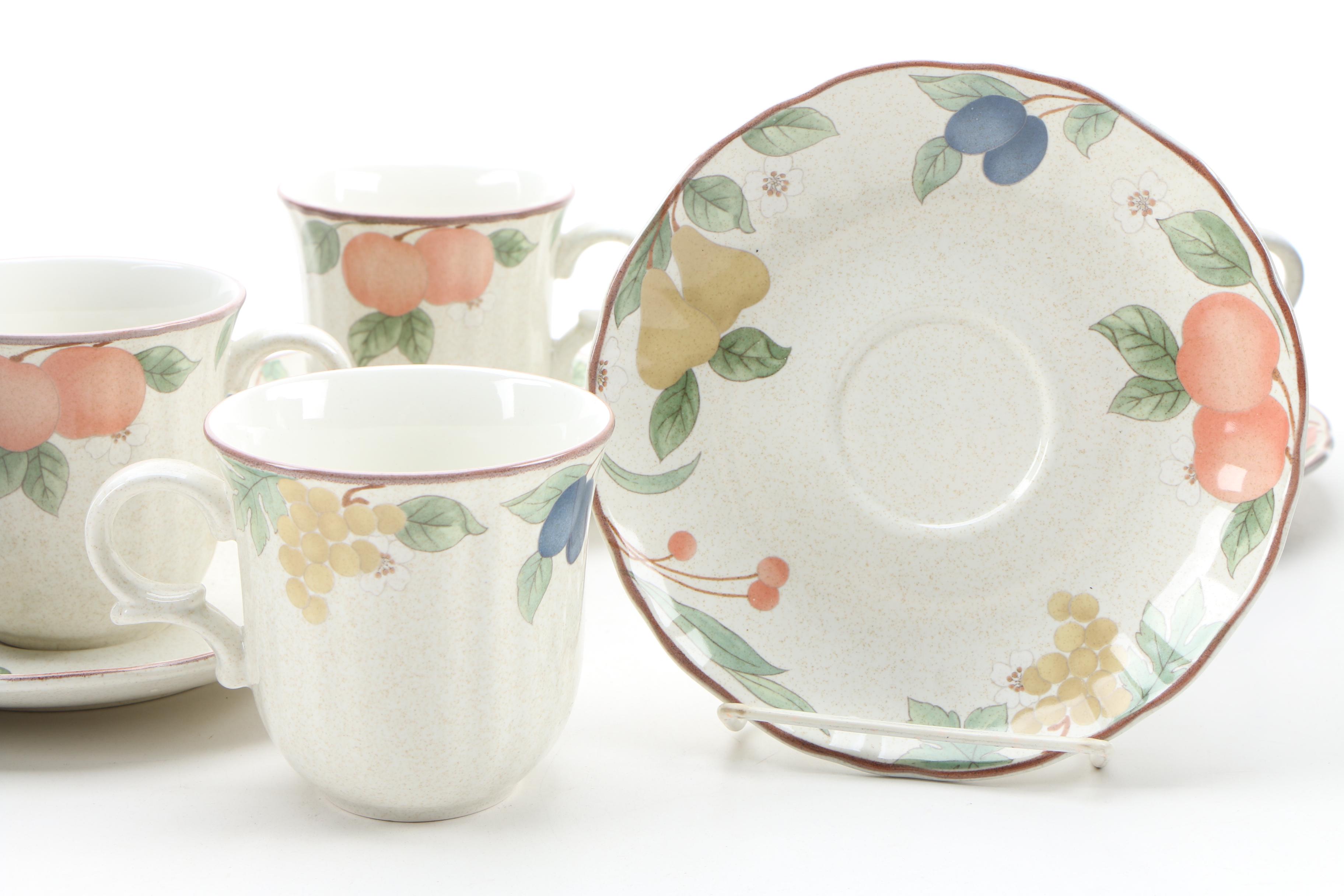 Mikasa "Fruit Panorama" Cups and Saucers with Wedgwood "Sarah's Garden" Canister