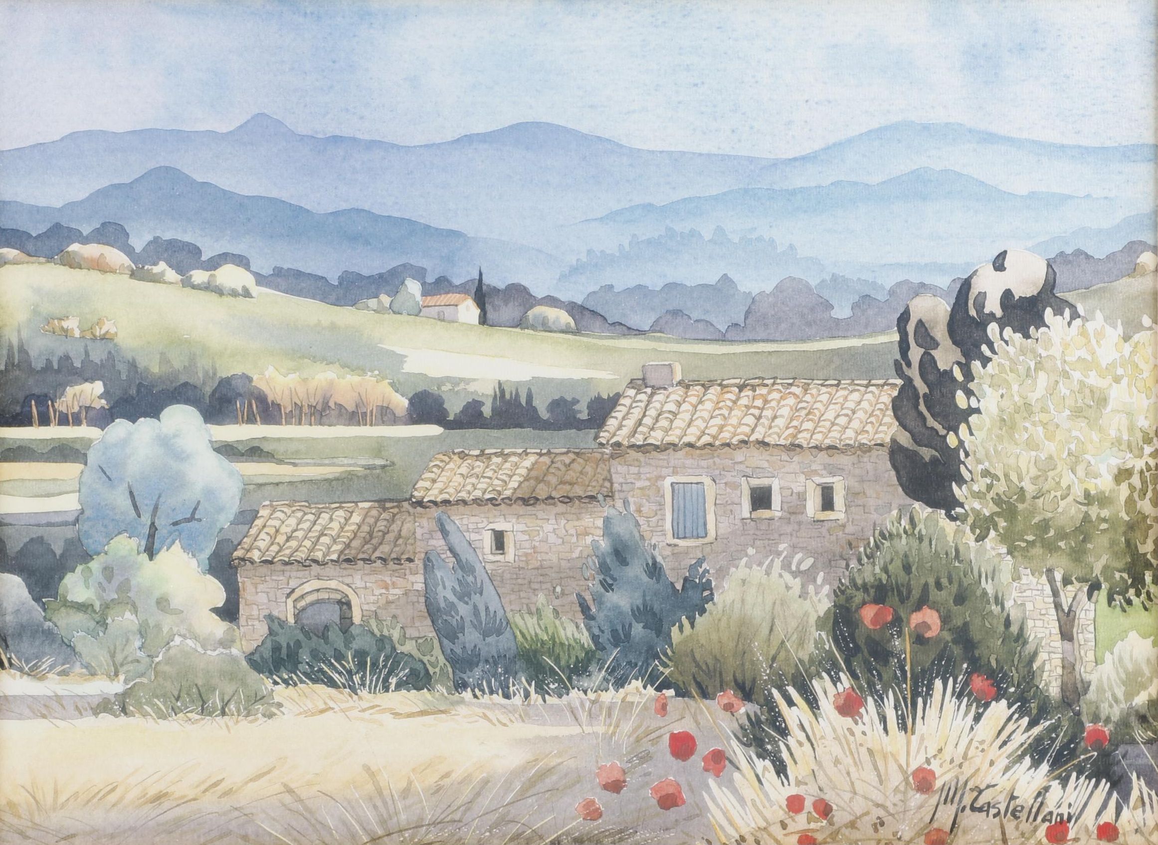 M. Castellani Watercolor Painting of Architectural Landscape