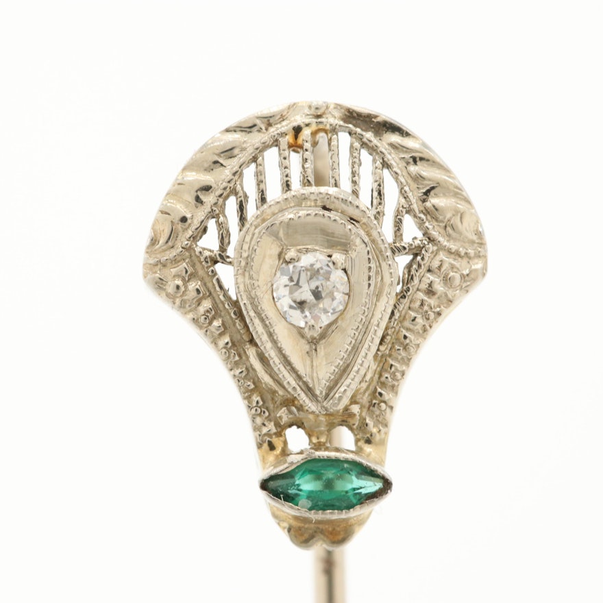 Art Deco 14K White Gold Diamond and Green Glass Stick Pin