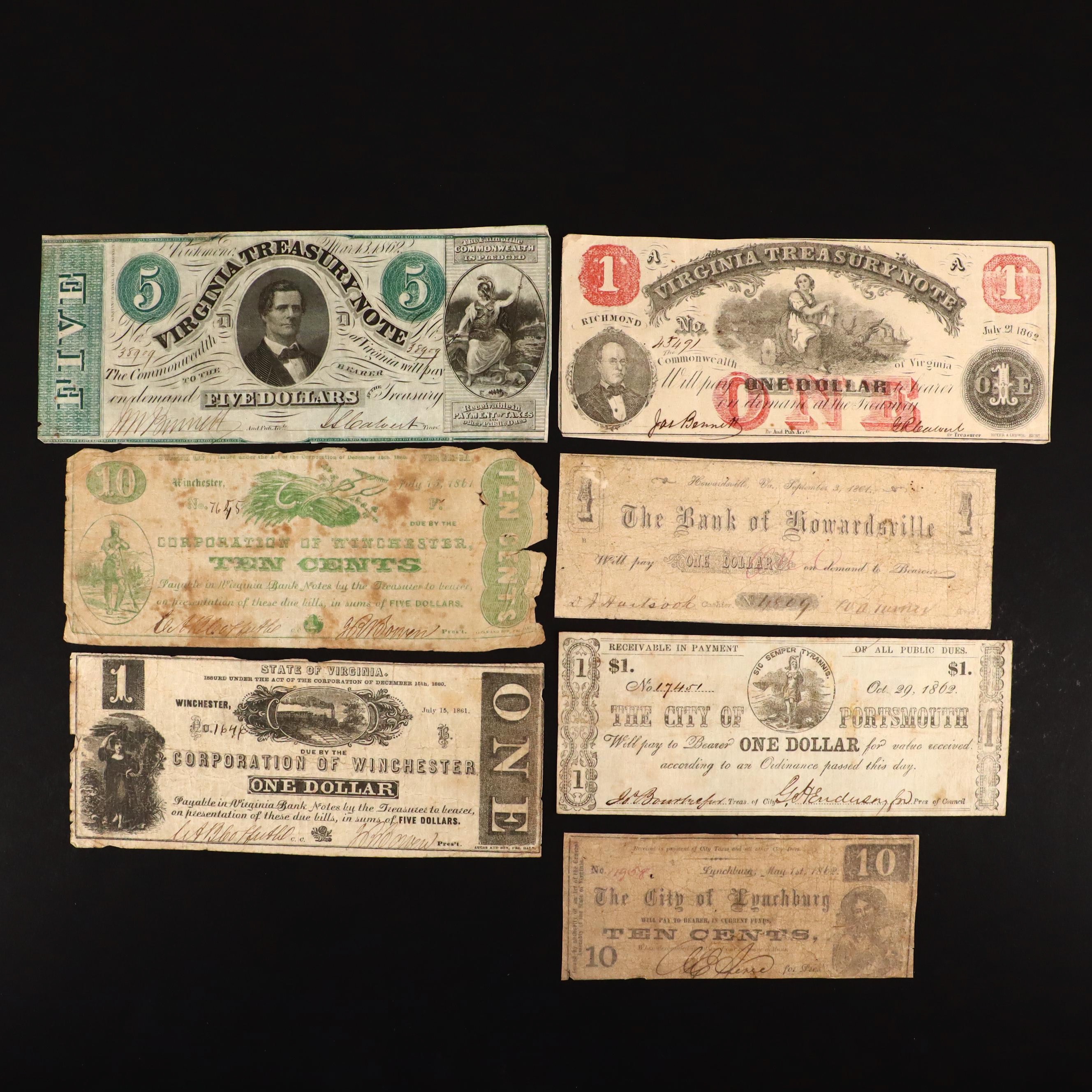 Seven Different Circa 1860 Obsolete Currency Notes
