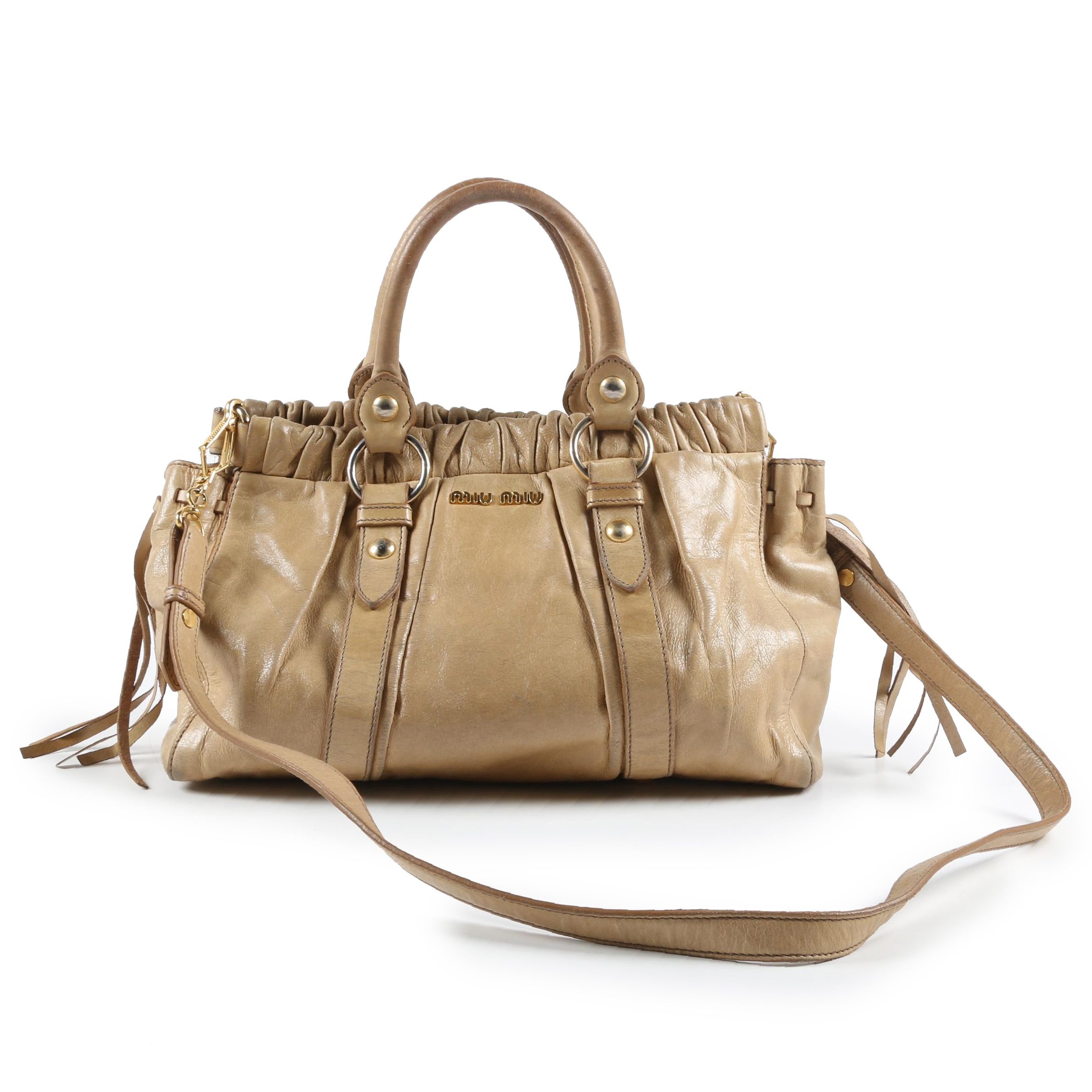 Miu Miu Two Way Bag in Distressed Beige Leather