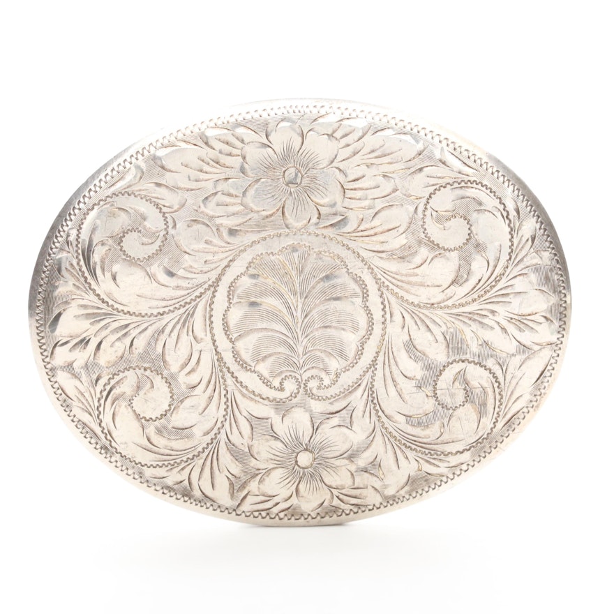 Sterling Silver Belt Buckle with Engraved Foliate Pattern, Vintage