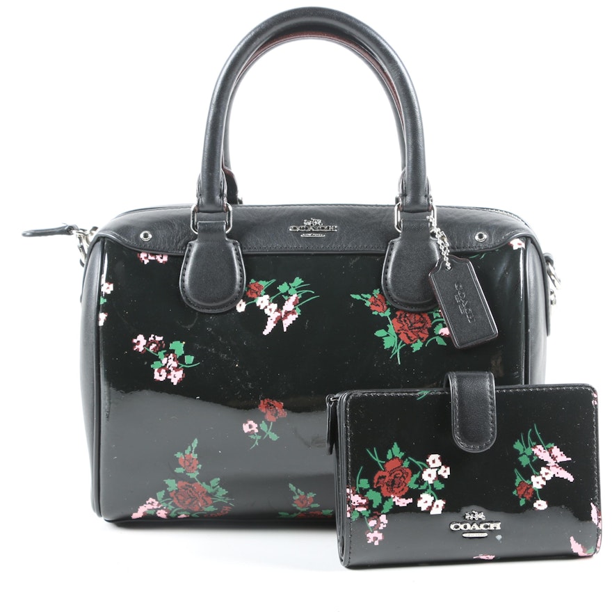 Coach Mini Bennett Floral Print Black Patent Leather Satchel and Wallet