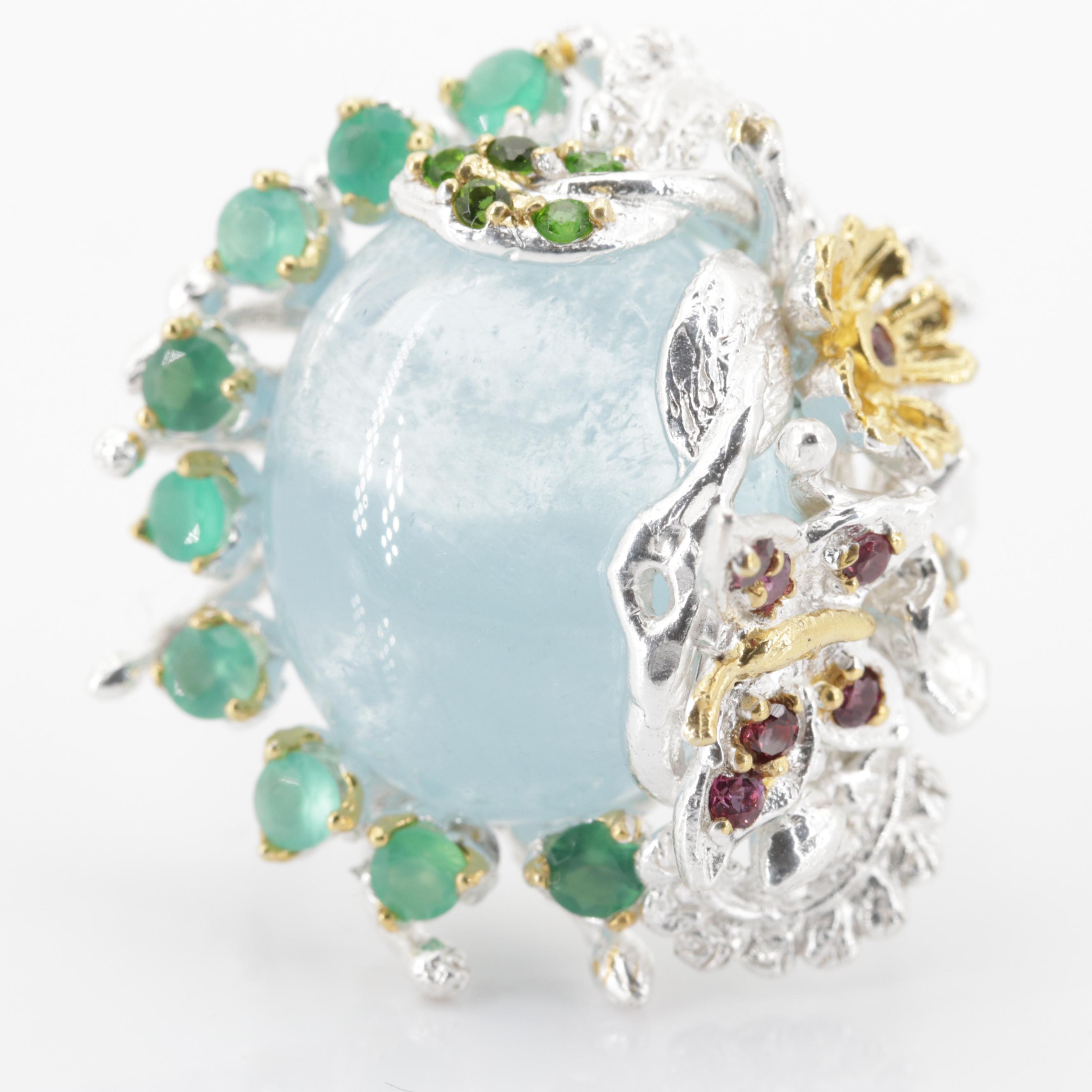 Sterling Silver 34.69 CT Aquamarine and Multi-Gemstone Ring