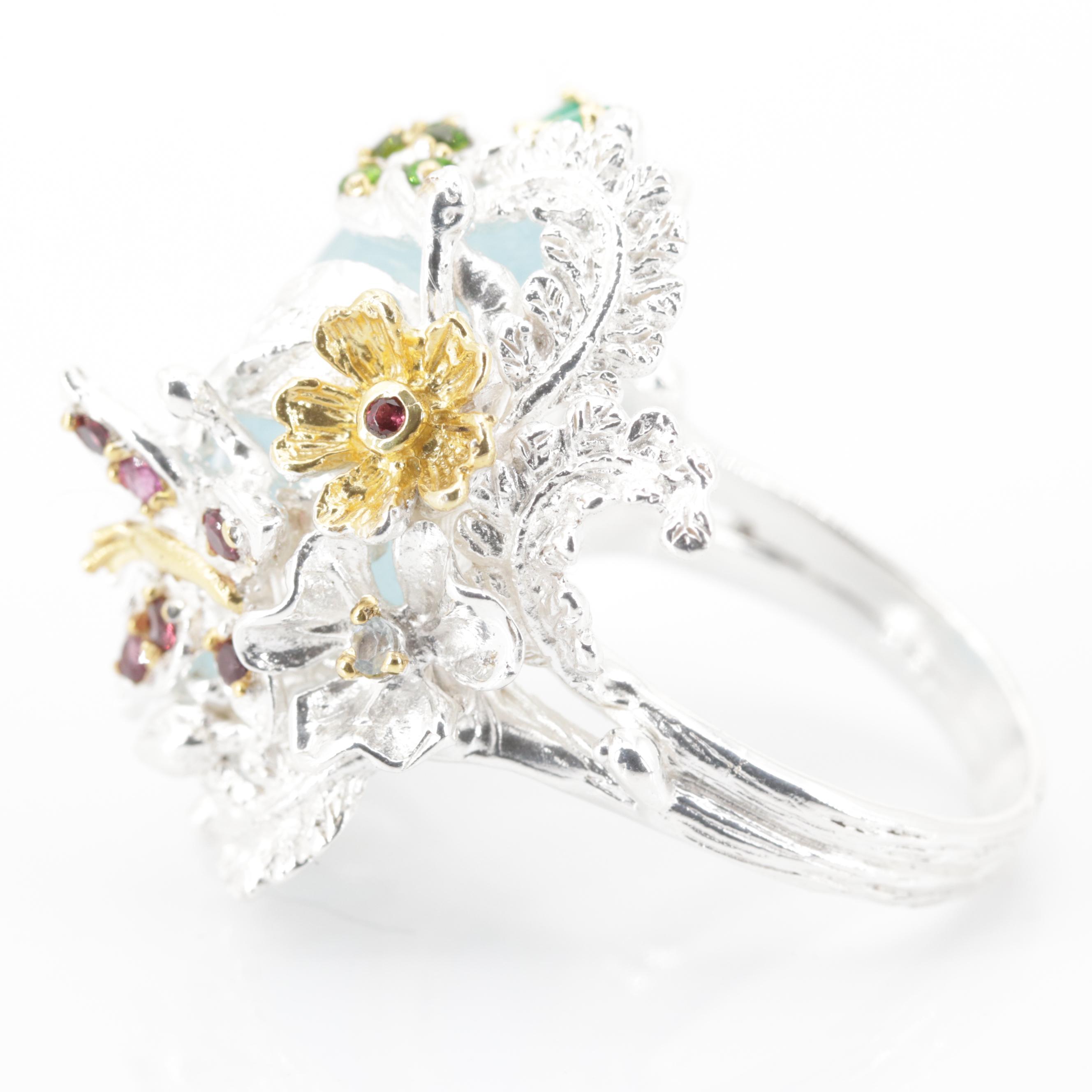 Sterling Silver 34.69 CT Aquamarine and Multi-Gemstone Ring