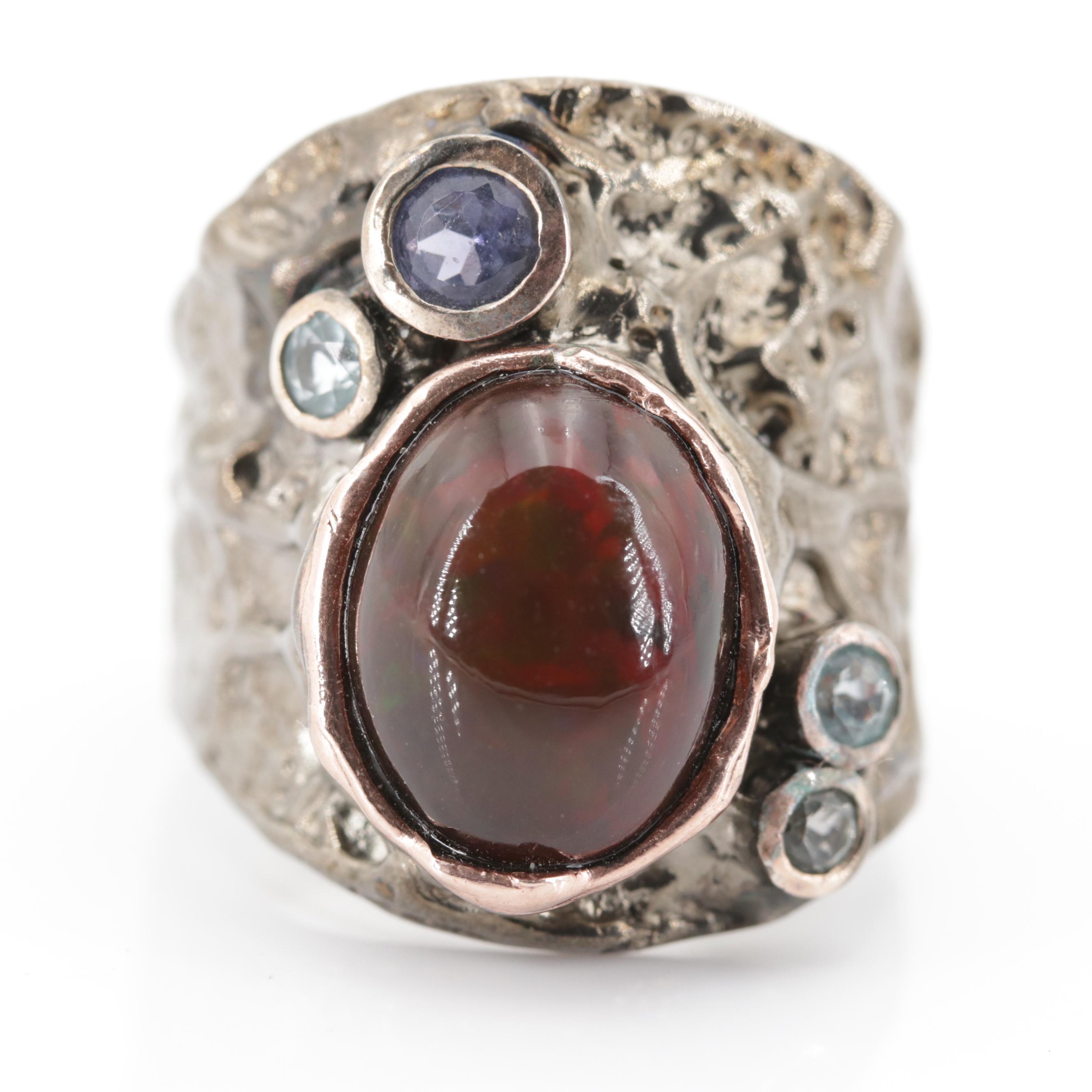 Sterling Silver 5.17 CT Opal, Blue Topaz and Tanzanite Ring