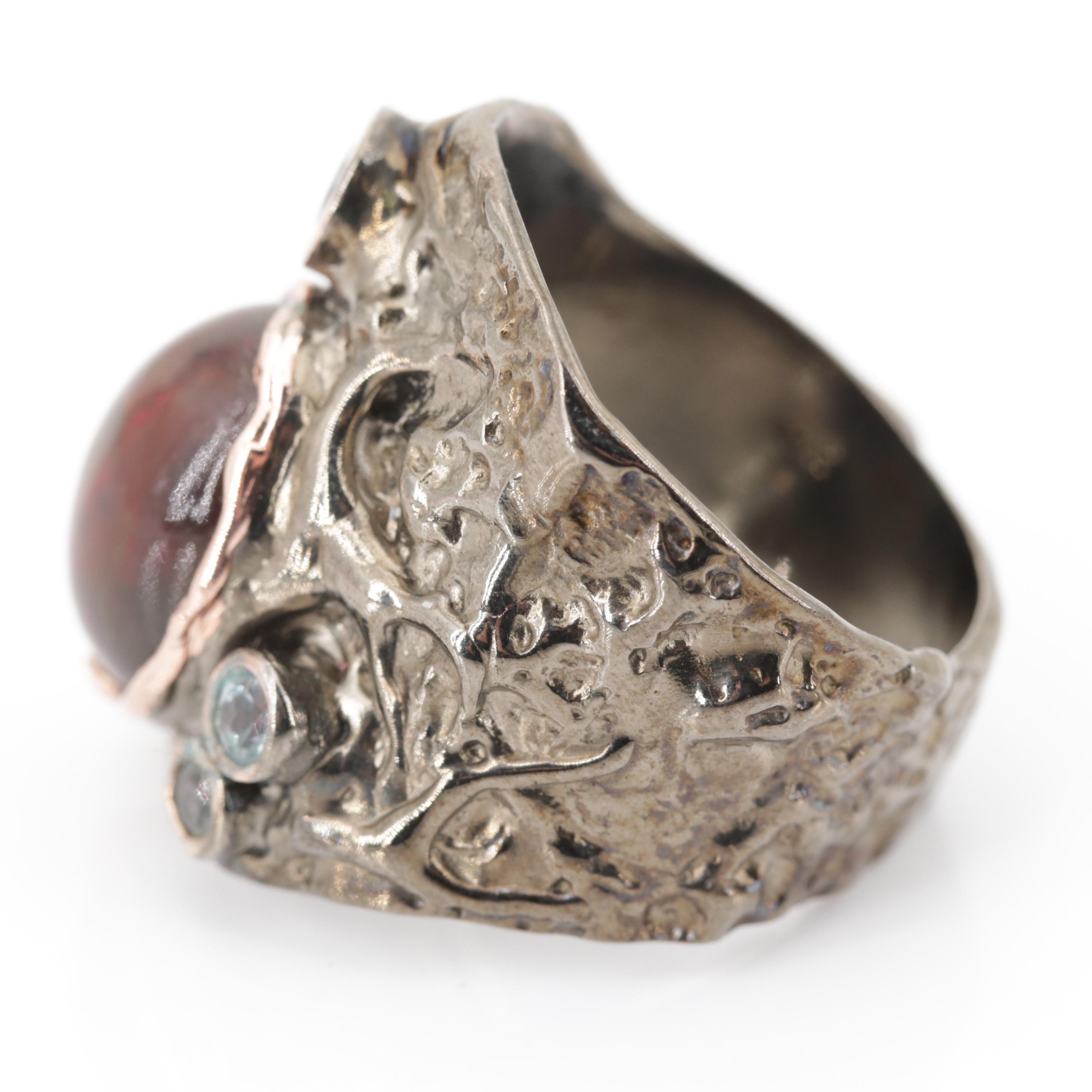 Sterling Silver 5.17 CT Opal, Blue Topaz and Tanzanite Ring