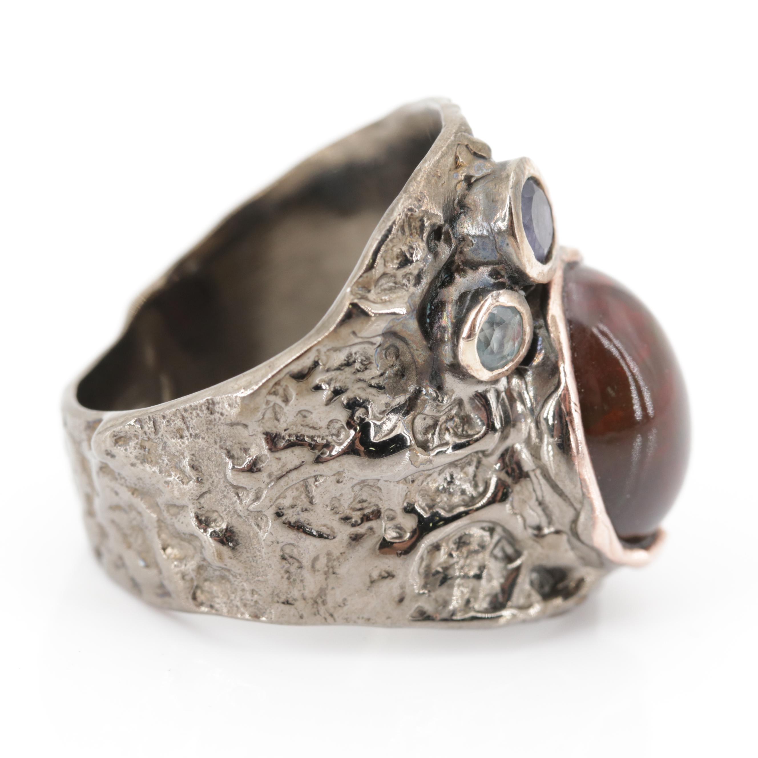 Sterling Silver 5.17 CT Opal, Blue Topaz and Tanzanite Ring