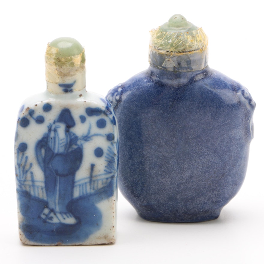 Chinese Snuff Bottles with Aventurine and Bowenite Lids, Republic Period