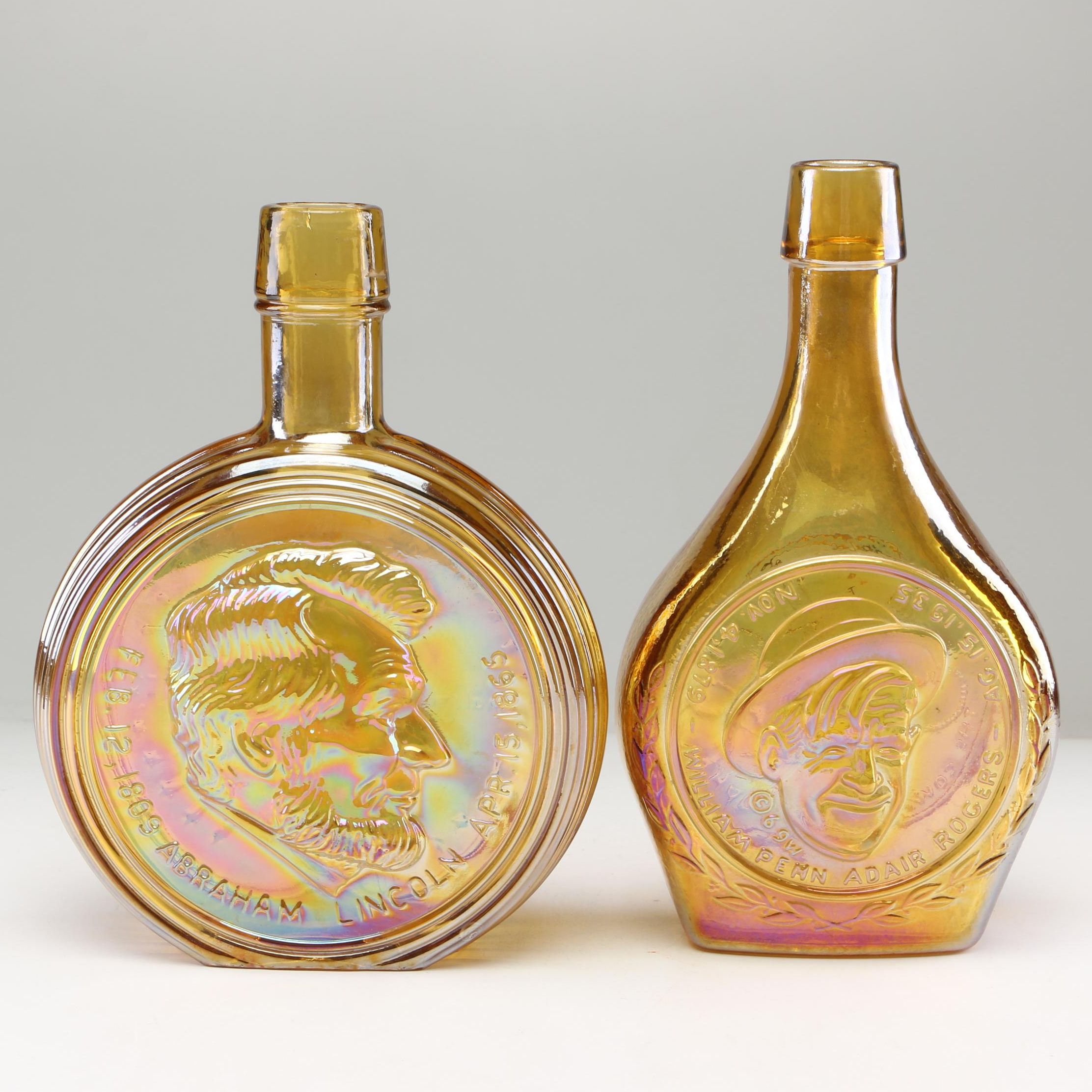 Wheaton Glass "Will Rogers" and "Abraham Lincoln" Iridescent Bottles