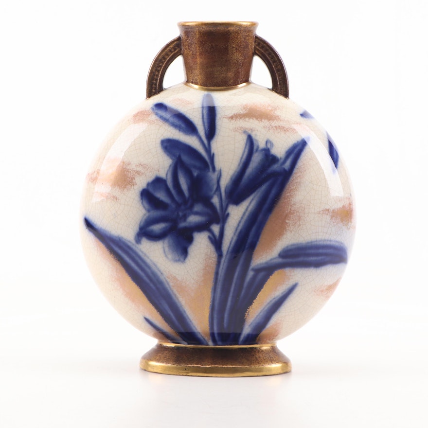 Adderley Gilt and Flow Blue Ceramic Vase, Late 19th Century