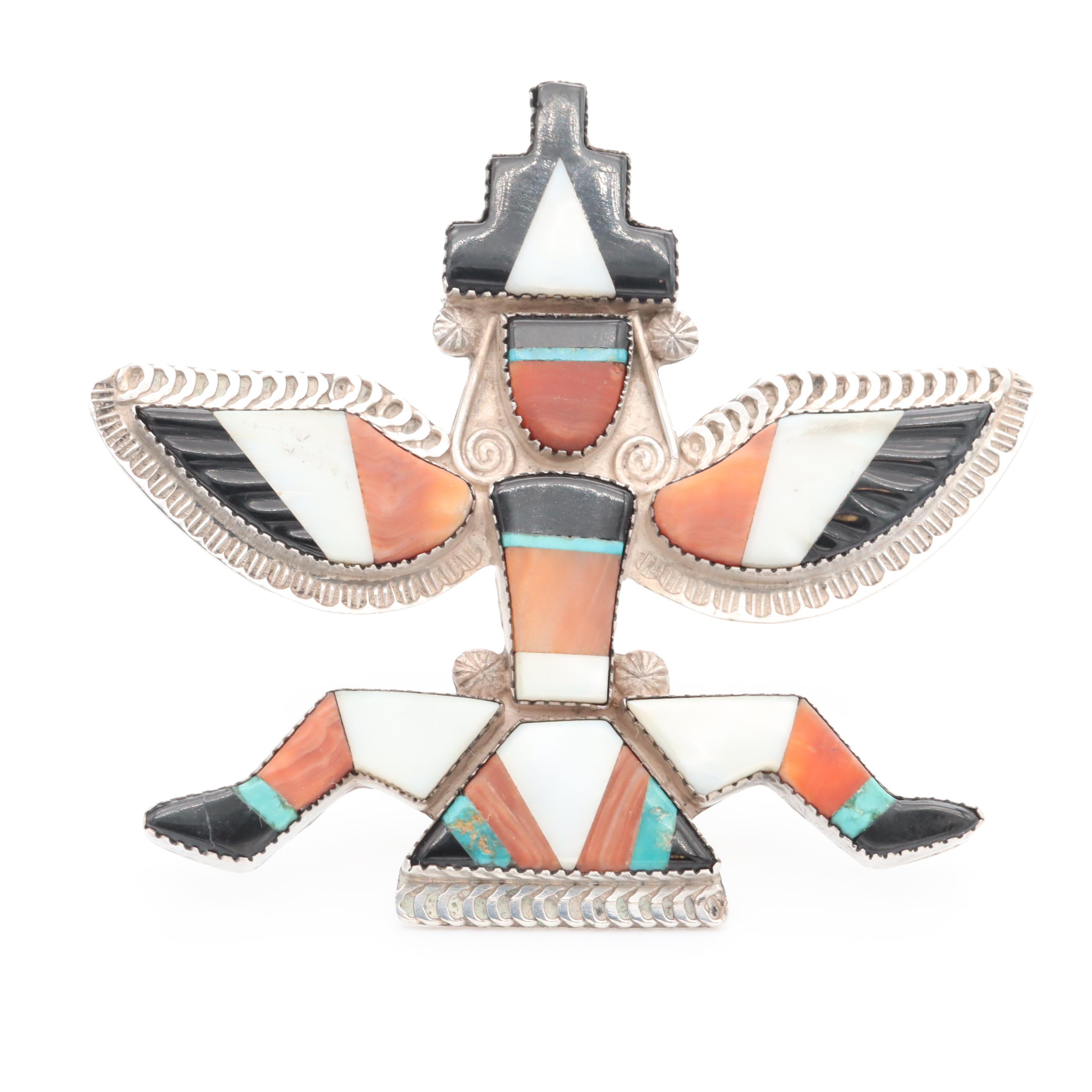 Zuni Sterling Silver Gemstone Inlay Knifewing Brooch