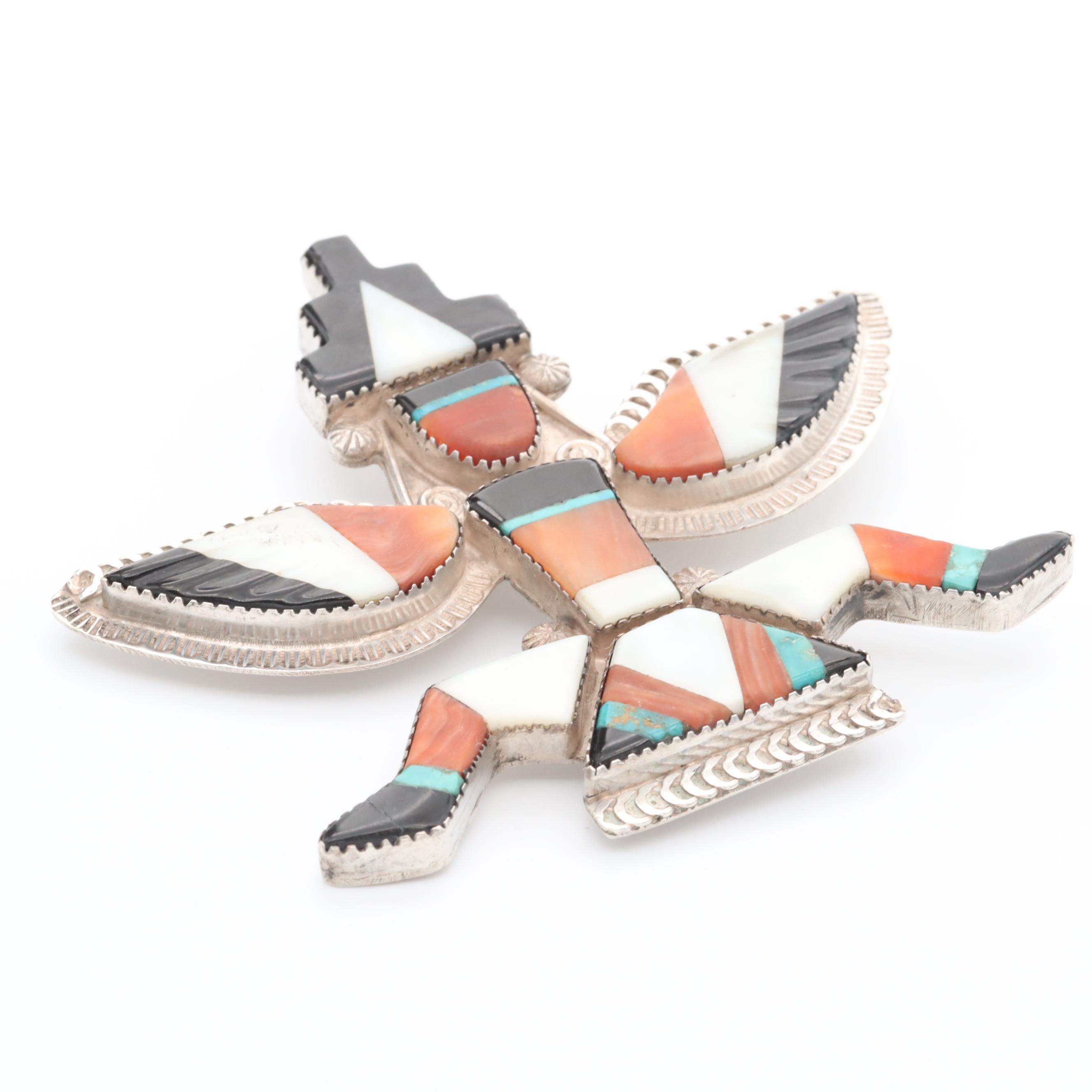 Zuni Sterling Silver Gemstone Inlay Knifewing Brooch