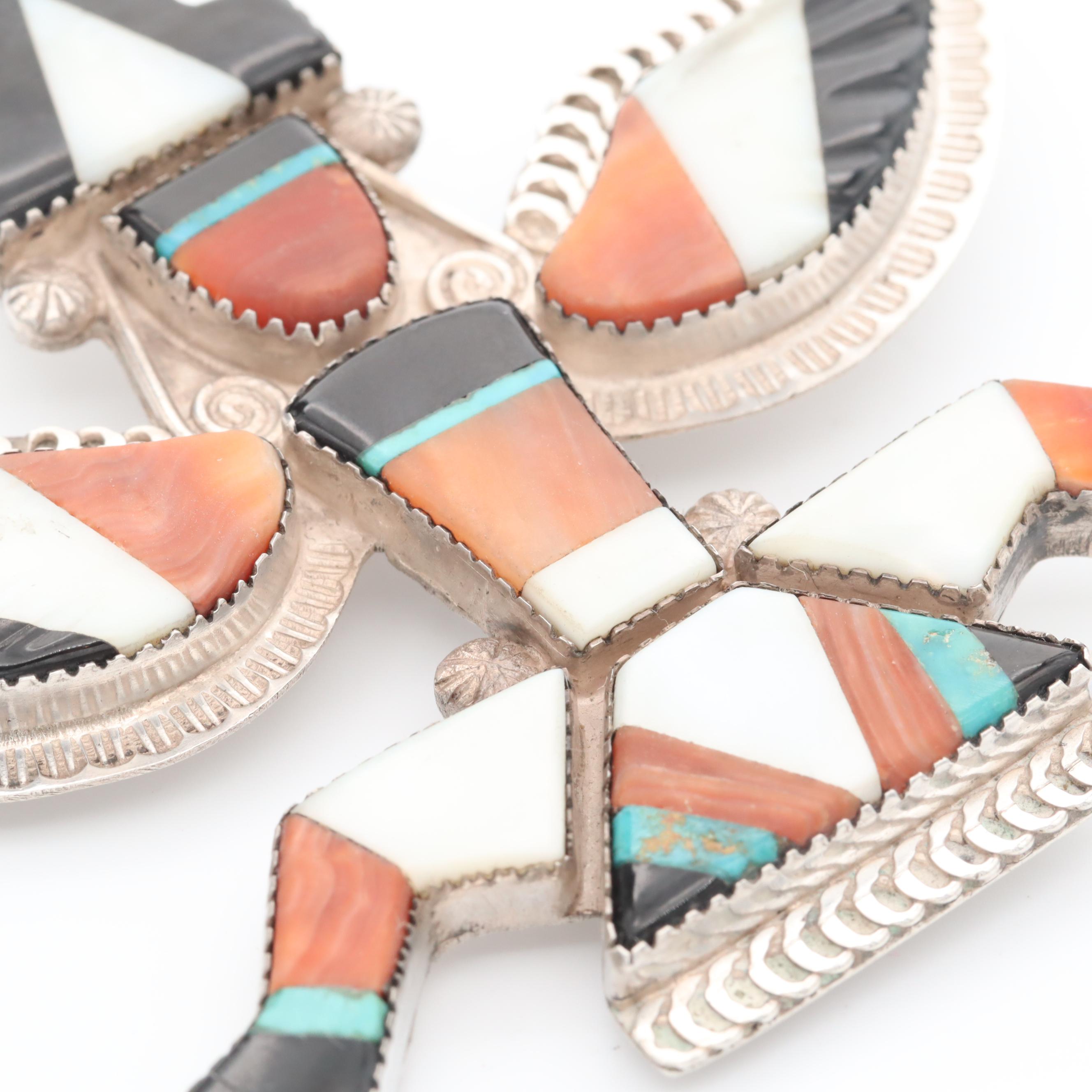 Zuni Sterling Silver Gemstone Inlay Knifewing Brooch