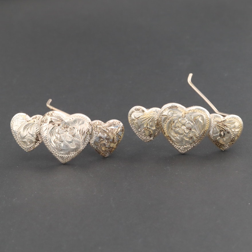 Pair of Engraved Mexican Sterling Silver Heart Barrettes